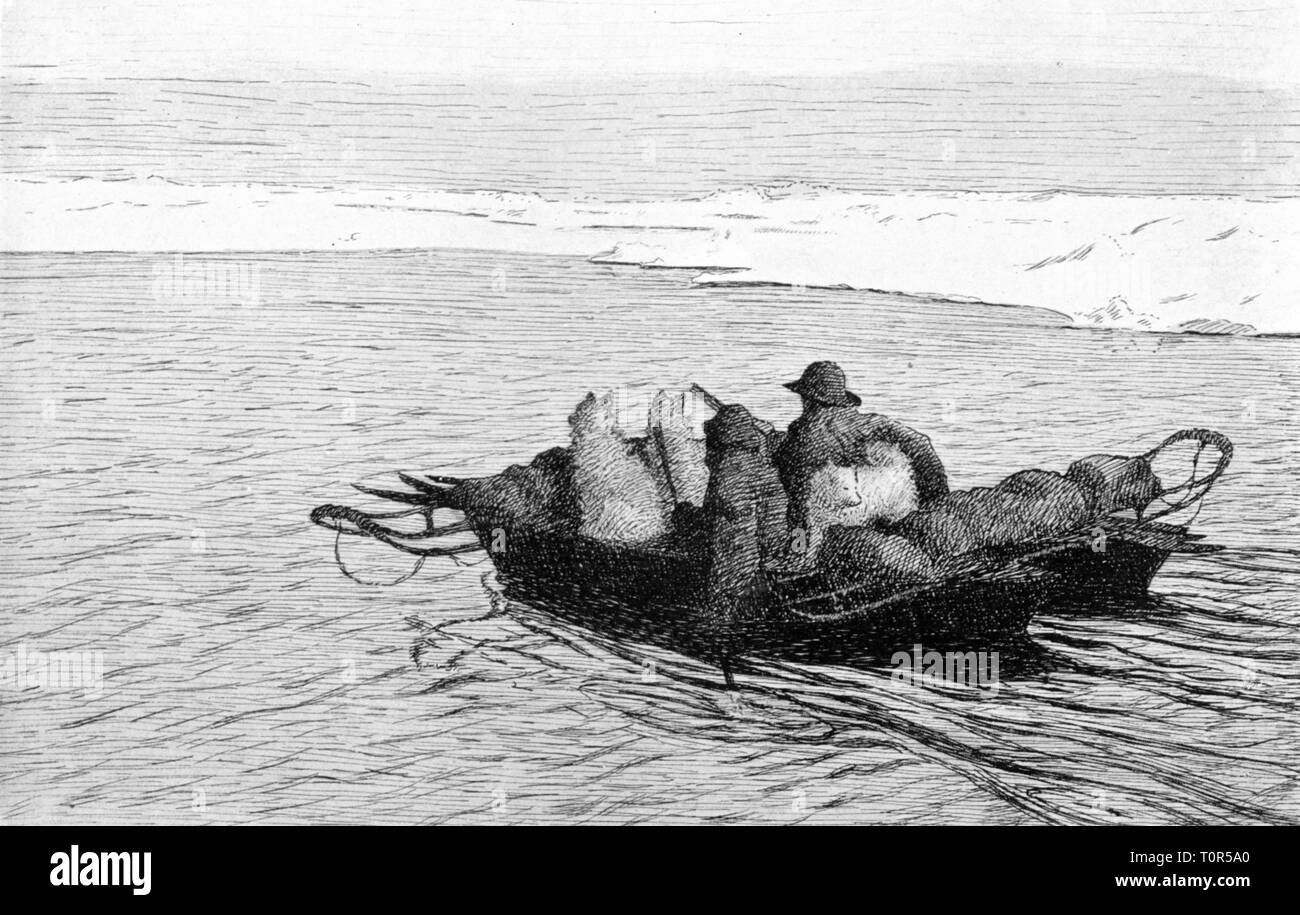 expedition, polar expedition, Fram expedition 1893 - 1896, crossing of a flume, from: Fridtjof Nansen, 'In Nacht und Eis'volume II, Leipzig, 1897, 19th century, expedition report, report, reports, travel, travels, research, discovery, discoveries, arctic, Arctic Ocean, Fram, North Polar Sea, North Pole, Arctic region, North Pole territory, graphic, graphics, drawing, half length, sitting, sit, kayak, animal, animals, husky, sledge dog, sled dog, huskies, sledge dogs, sled dogs, sleigh, boat, boats, rowing, row, water, channel, channels, polar exp, Additional-Rights-Clearance-Info-Not-Available Stock Photo
