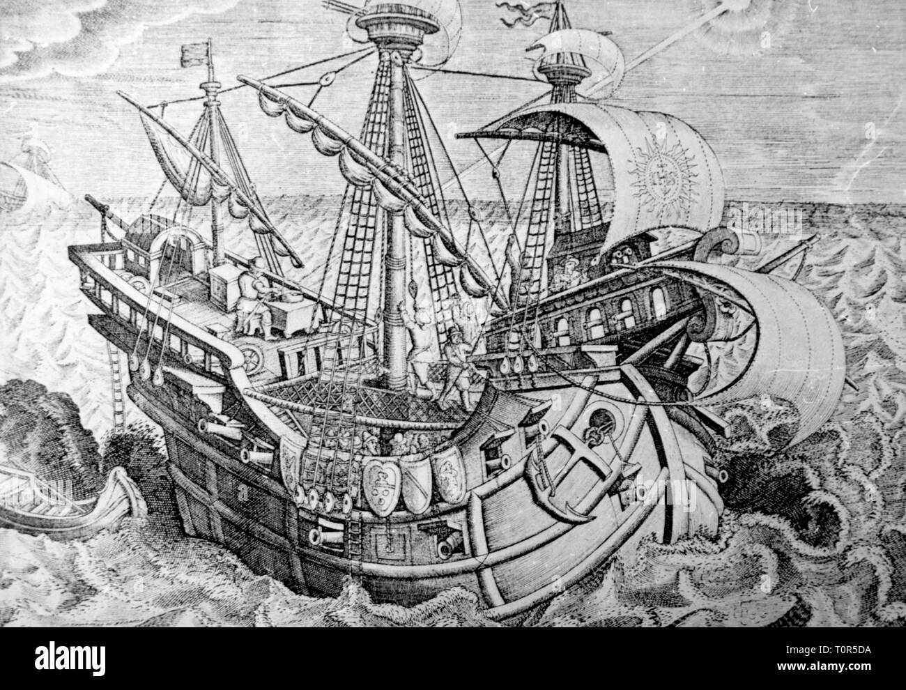 transport / transportation, navigation, sailing ship, galleon, ship of Christopher Columbus, copper engraving by Theodor Galle after drawing by Giovanni Stradanus, 1620, Additional-Rights-Clearance-Info-Not-Available Stock Photo