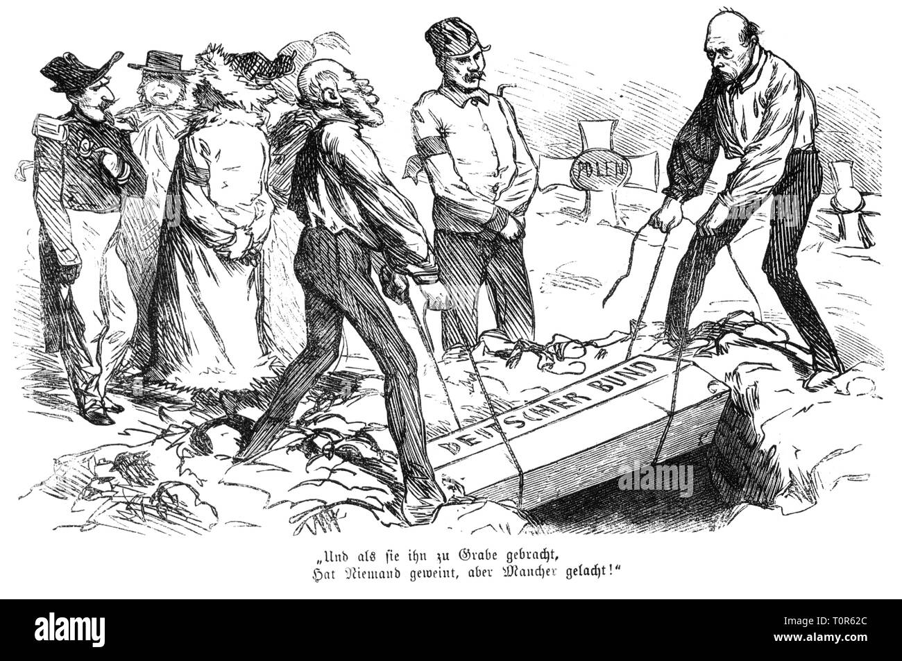 politics, German Confederation (1815-1866), caricature, the German confederation is buried by King William I of Prussia and Prime Minister Otto von Bismarck, drawing, 'Figaro', Vienna, 11.8.1866, Additional-Rights-Clearance-Info-Not-Available Stock Photo