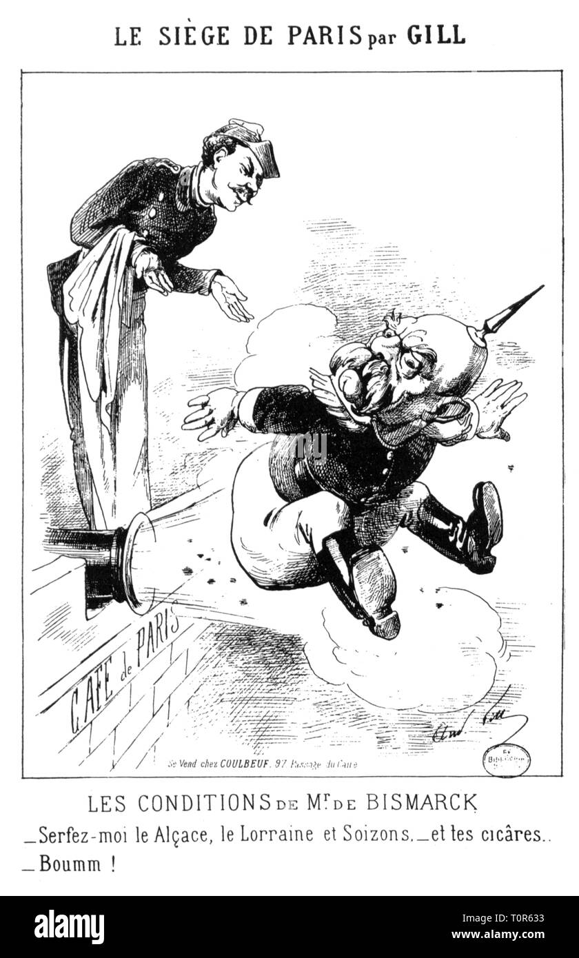 Franco-Prussian War 1870 - 1871, siege of Paris, caricature, the waiter of the 'Cafe de Paris' sends Otto von Bismarck away, drawing by Andre Gill, broadsheet, January 1871, satire, caricature, caricatures, cartoon, cartoons, France, reject, rejecting, repel, repelling, negotiations, cannon, cannons, gun, guns, Third Republic, German - French, people, men, man, male, manly, 19th century, historic, historical, Additional-Rights-Clearance-Info-Not-Available Stock Photo
