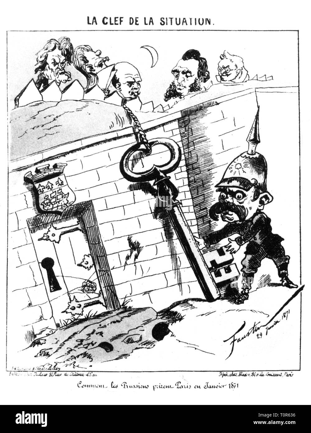 Franco-Prussian War 1870 - 1871, siege of Paris, surrender of the city, caricature, 'The Key to the Situation', drawing by Faustin (Faustin Betbeder), broadsheet, 29.1.1871, satire, caricature, caricatures, cartoon, cartoons, France, Third Republic, Prussia, capitulation, Prime Minister Otto von Bismarck, foreign minister Jules Favre, minister Etienne Garnier-Pages, Garnier - Pages, governor-general general Louis Jules Trochu, mayor Jules Ferry, Adolphe Thiers, night, city wall, city walls, city gate, city gates, German - French, people, men, man, Additional-Rights-Clearance-Info-Not-Available Stock Photo