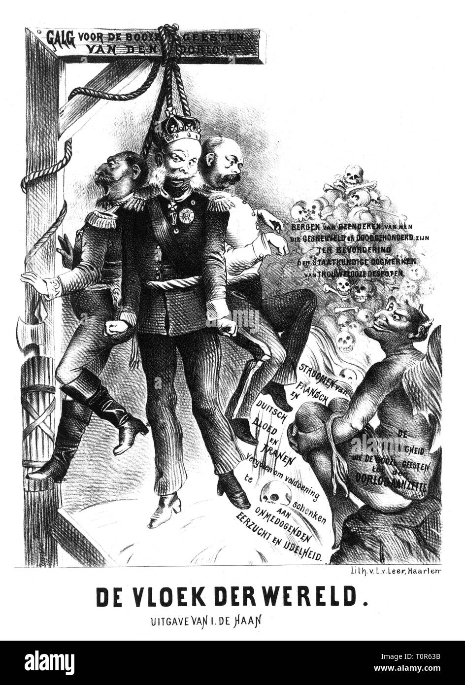 Franco-Prussian War 1870 - 1871, caricature, Emperor Napoleon III, Emperor William I and Otto von Bismarck hanging at gallows for the evil spirits of war, 'The Curse the World', lithograph by Leer, Haarlem, 1870 - 1871, satire, caricature, caricatures, cartoon, cartoons, Dutch press, Netherlands, king of Prussia, Prime Minister, France, devil, devils, skull, skulls, dead, German - French, people, men, man, male, manly, 19th century, historic, historical, Additional-Rights-Clearance-Info-Not-Available Stock Photo