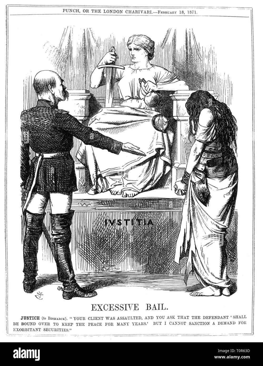 Franco-Prussian War 1870 - 1871, caricature, Otto von Bismarck and the enchained France in front of the British Lady Justice, 'Excessive Bail', drawing by John Tenniel, 'Punch', London, 18.2.1871, satire, caricature, caricatures, cartoon, cartoons, British press, Great Britain, United Kingdom, German - French, Prime Minister of the North German confederation, Germany, people, claim, demands, security demand, negotiations, treaty of Versailles, chains, chain, captivated, justice, 19th century, historic, historical, Additional-Rights-Clearance-Info-Not-Available Stock Photo