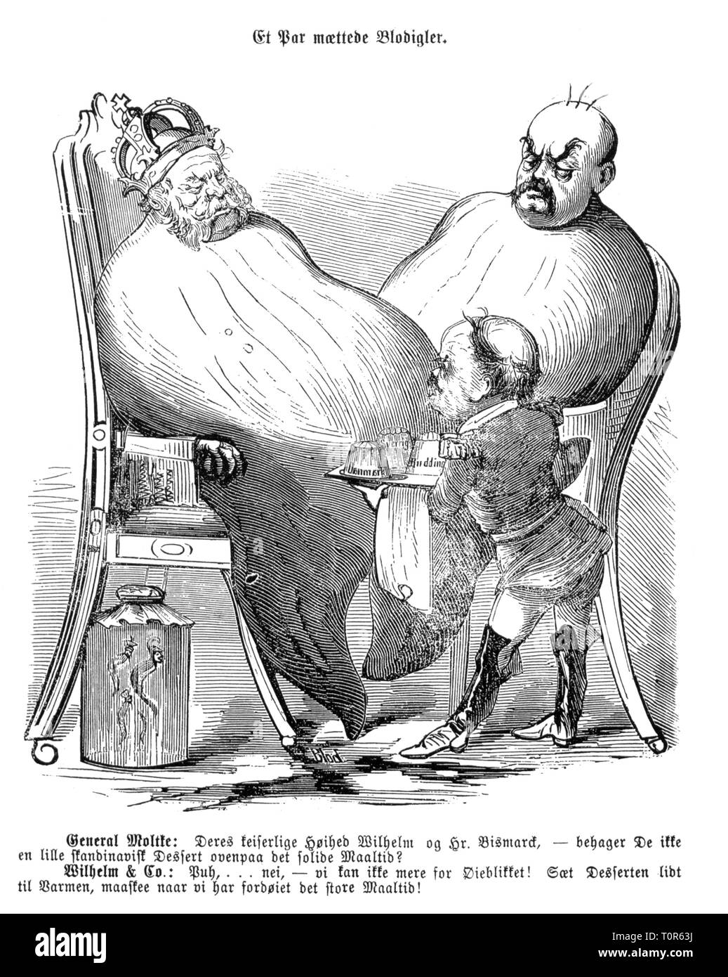 Franco-Prussian War 1870 - 1871, caricature, Helmuth von Moltke offering William I and Otto von Bismarck Denmark and Sweden for dessert, 'A couple of well-fed leeches', drawing, 'Folkets Nisse', Copenhagen, 25.3.1871, satire, caricature, caricatures, cartoon, cartoons, Danish press, German - French, Imperial Chancellor, German Empire, Germany, emperor, emperors, king of Prussia, general, generals, victor, victors, full, well-fed, offering, people, 19th century, historic, historical, Additional-Rights-Clearance-Info-Not-Available Stock Photo