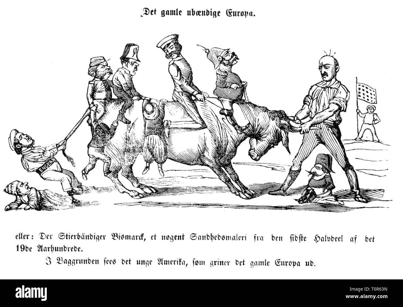 politics, Europe, caricature, bull tamer Otto von Bismarck, 'The old untamed Europe', drawing, 'Folkets Nisse', Copenhagen, 10.12.1870, Additional-Rights-Clearance-Info-Not-Available Stock Photo