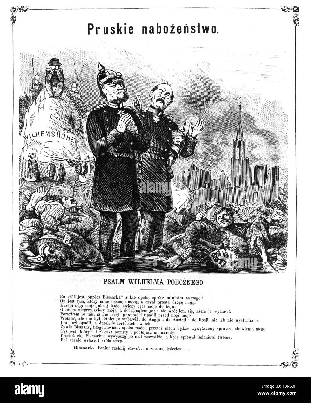 Franco-Prussian War 1870 - 1871, caricature, Prussian mass, drawing, 'Djabel', Krakow, 7.10.1870, satire, caricature, caricatures, cartoon, cartoons, Polish press, Poland, Galicia, Austria, German - French, Germany, France, William I, king of Prussia, Otto von Bismarck, Napoleon III in exile, dead body, dead bodies, corpse, corpses, pile, piles, war crime, war crimes, wartime atrocity, people, religion, religions, psalm, psalms, 19th century, historic, historical, Additional-Rights-Clearance-Info-Not-Available Stock Photo