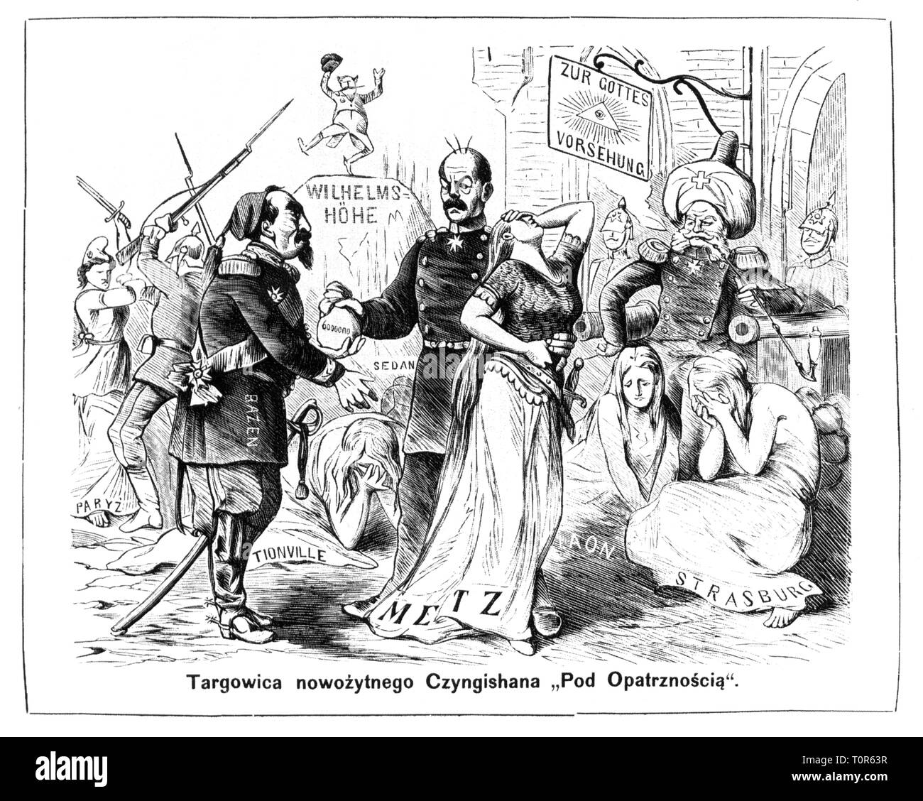 Franco-Prussian War 1870 - 1871, caricature, Otto von Bismarck is paying marshal Francois-Achille Bazaine for the surrender of Metz to the harem of Sultan William, 'Targowice of the modern Genghis Khan 'To the Providence', drawing, 'Djabel', Krakow, 7.11.1870, satire, caricature, caricatures, cartoon, cartoons, Polish press, Poland, Galicia, Austria, German - French, Germany, people, France, William I, king of Prussia, Napoleon III in exile, French Army of the Rhine, capitulation, Strasbourg, Laon, harem Ladies, money, bribery, graft, briberies, , Additional-Rights-Clearance-Info-Not-Available Stock Photo