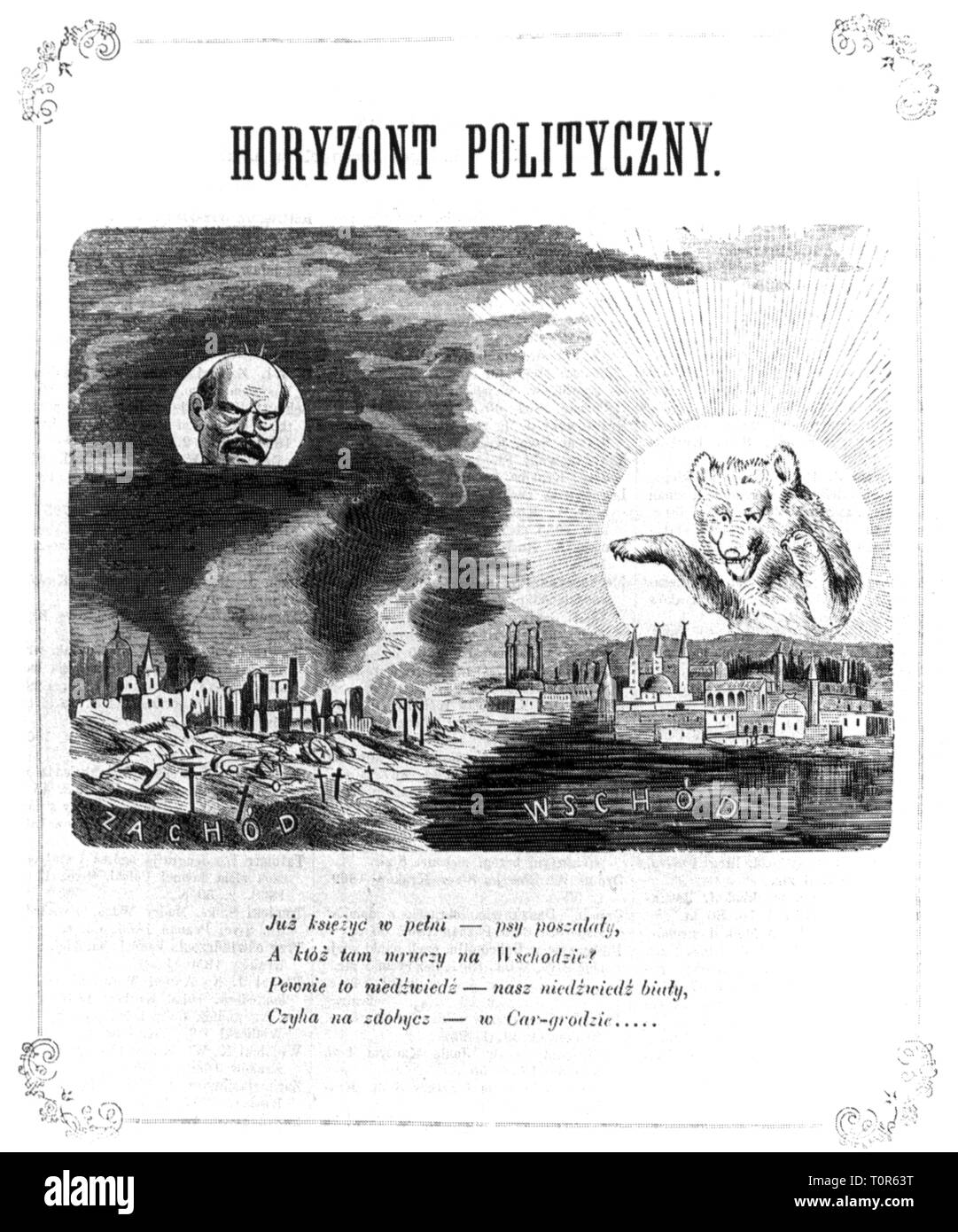 politics, Europe, caricature, the moon Bismarck is shining above the battlefield in the West, the sun Russia is peeking in the East on Constantinople, 'Political Horizon', drawing, 'Djabel', Krakow, 22.11.1870, Additional-Rights-Clearance-Info-Not-Available Stock Photo