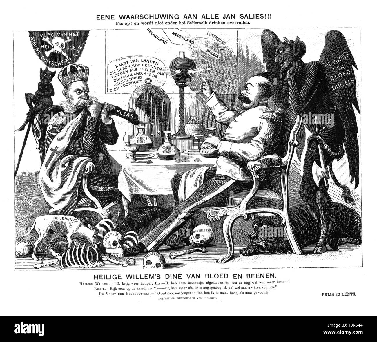politics, foundation of the German Empire, caricature, 'A warning to all sleepyheads', Emperor William I gnaws off the bone Alsace, Otto von Bismarck points to a map with territories which could be seen as part of Germany, broadsheet, Amsterdam, 1871, Additional-Rights-Clearance-Info-Not-Available Stock Photo