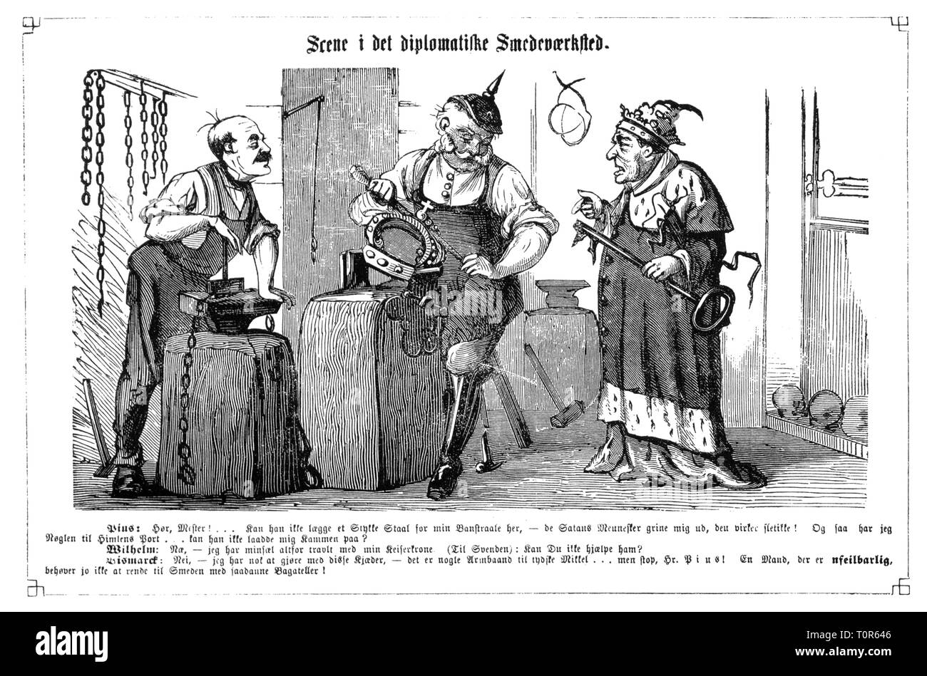 politics, foundation of the German Empire, caricature, forging the imperial crown, 'Scene from the diplomatic blacksmith shop', drawing, 'Folkets Nisse', Copenhagen, 28.1.1871, Additional-Rights-Clearance-Info-Not-Available Stock Photo