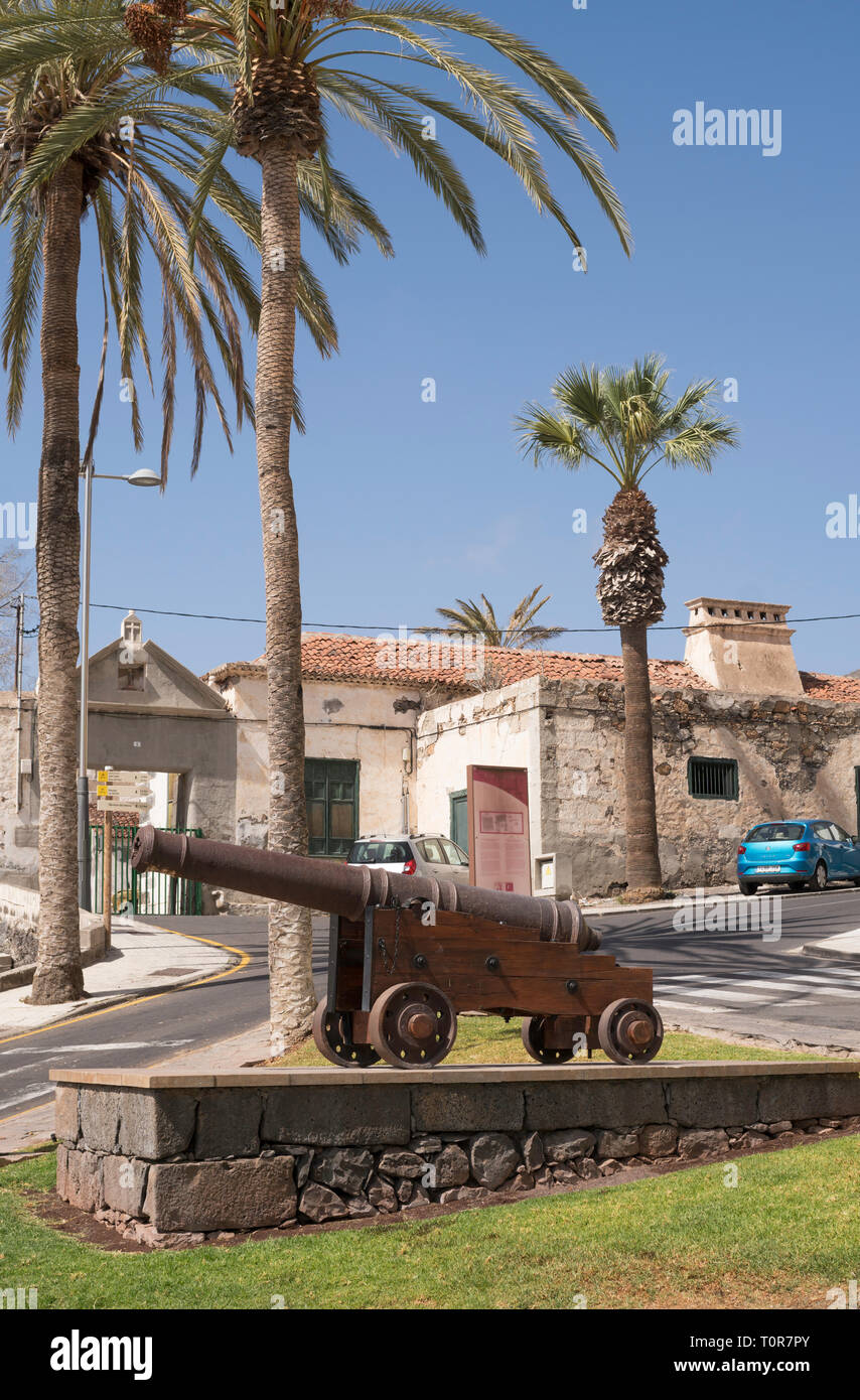 Old cannon  outside Casa Fuerte, a fortified sugar refinery, in Adeje, Tenerife, Canary Islands. Stock Photo