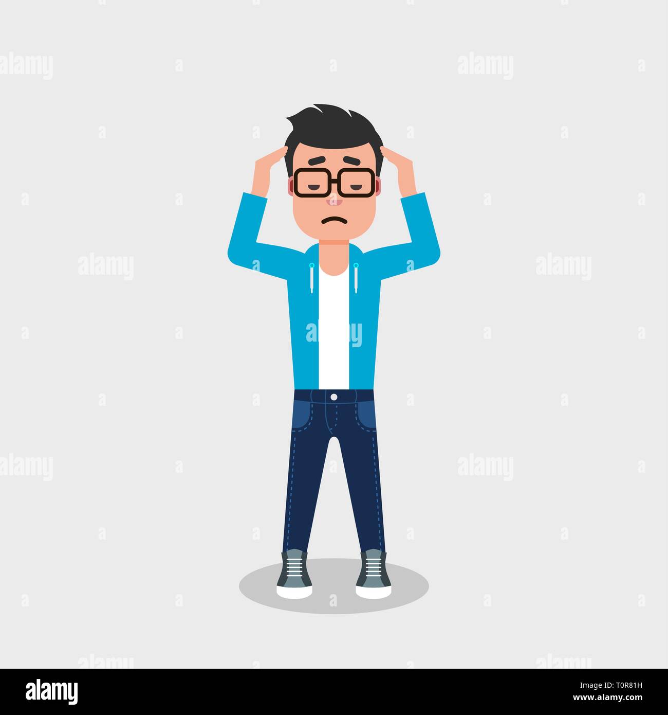 Young man having a headache. Geek holding head having migraine.Frustration, anger,pain,concerned, worried,concept. Stressed, disappointed man. Vector Stock Vector