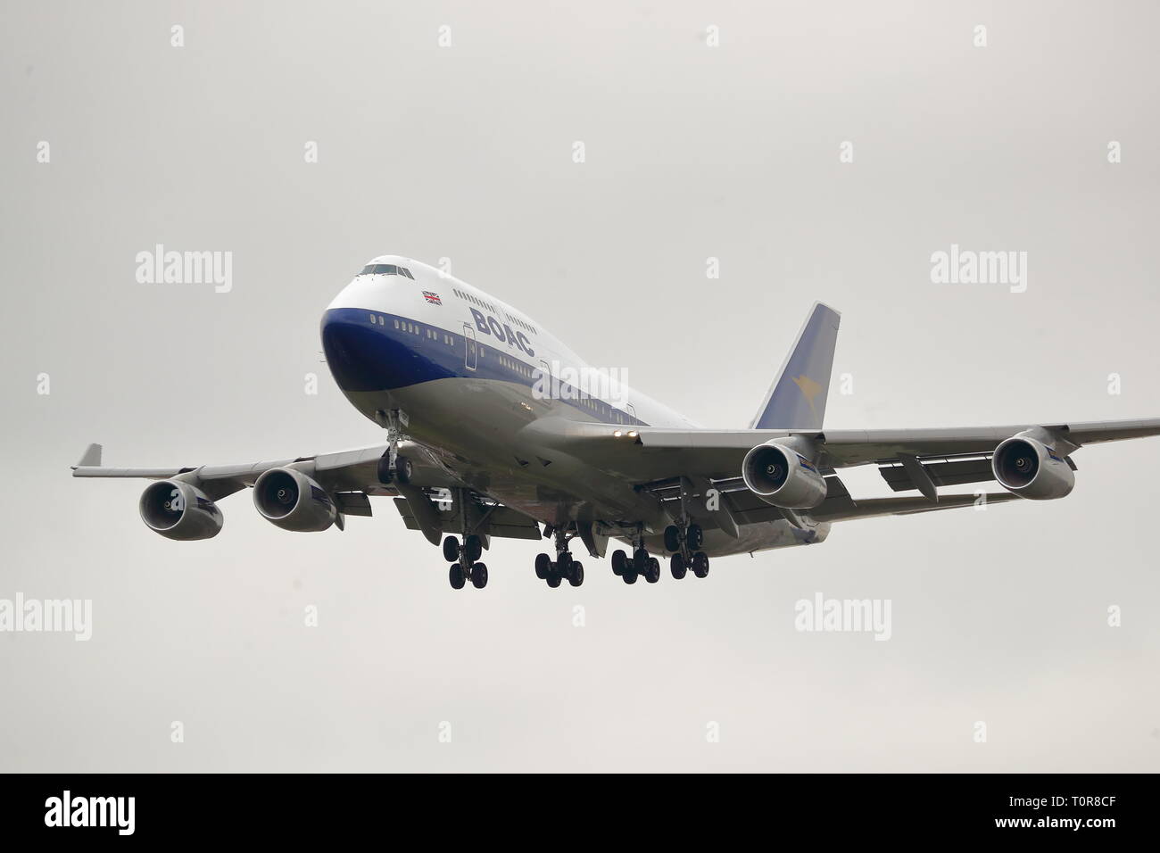 British Airways Boeing 747 G-BYGC in BOAC retro livery landing at London Heathrow Airport, UK Stock Photo