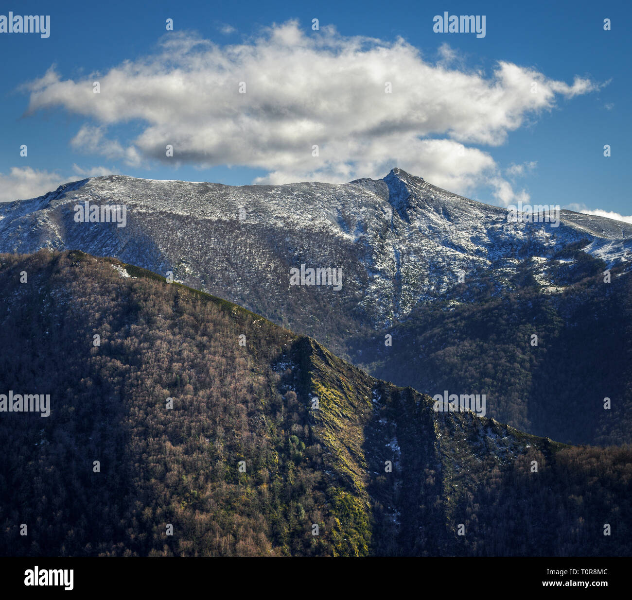 A cloud over the peak of a snowy mountain, with another mountain in the foreground covered with forest, in Ancares, Galicia Stock Photo