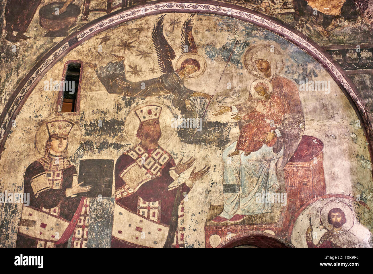 Picture & image of Vardzia medieval cave Church of the Dormition interior secco paintings of Queen Tamar & Giorgi III, part of the cave city and monas Stock Photo