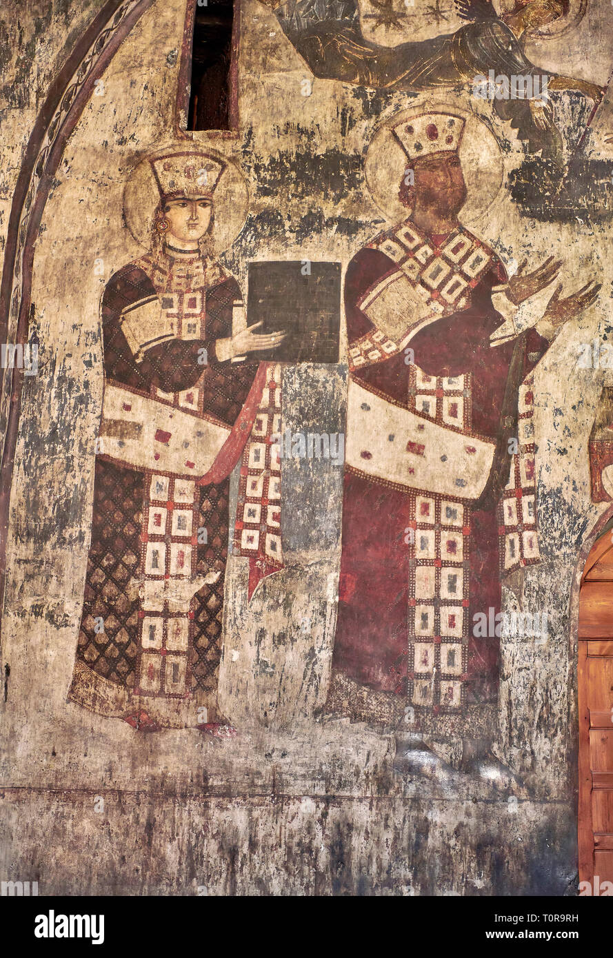 Picture & image of Vardzia medieval cave Church of the Dormition interior secco paintings of Queen Tamar & Giorgi III, part of the cave city and monas Stock Photo