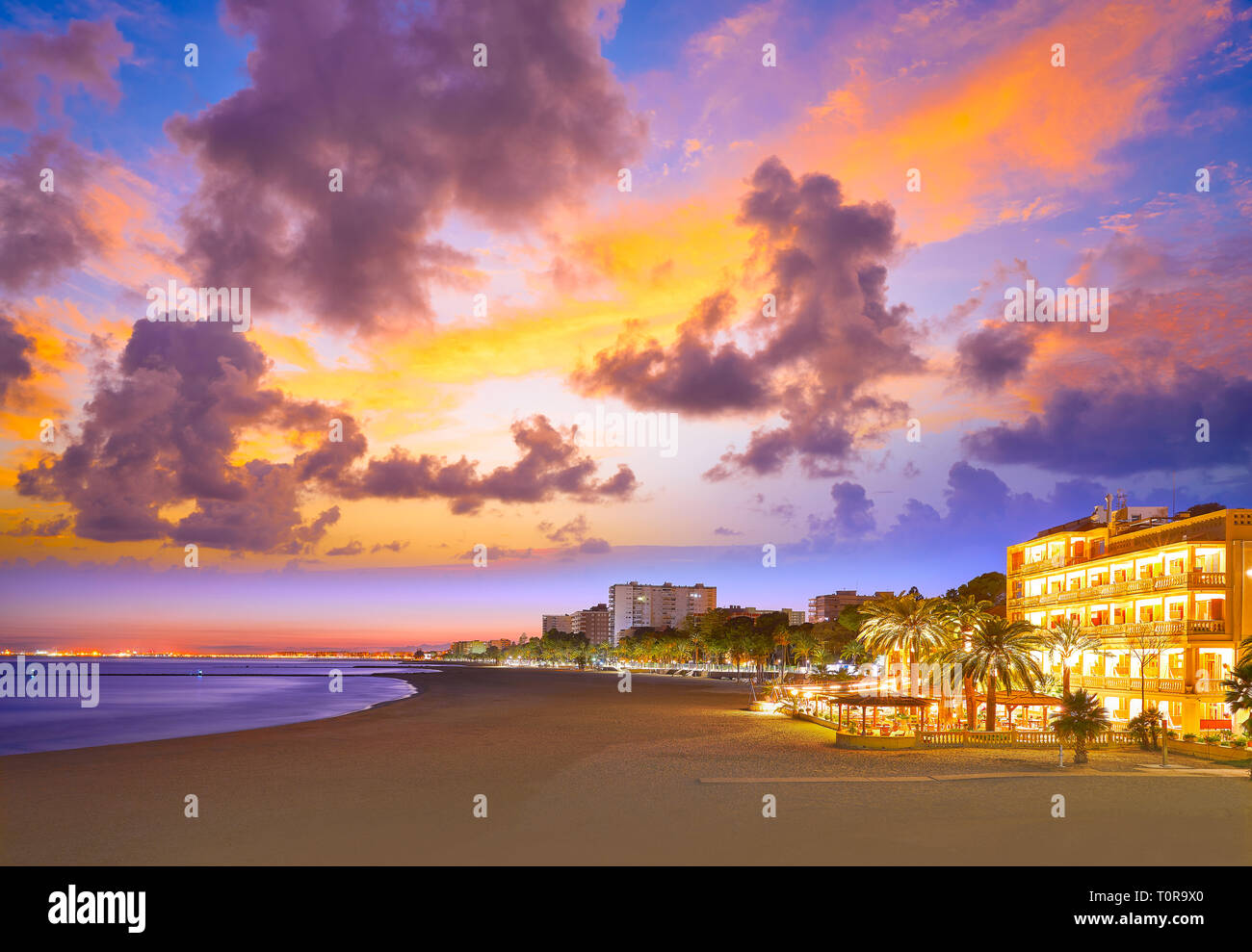 Benicassim beach sunset in Castellon of Spain also Benicasim at Mediterranean Stock Photo