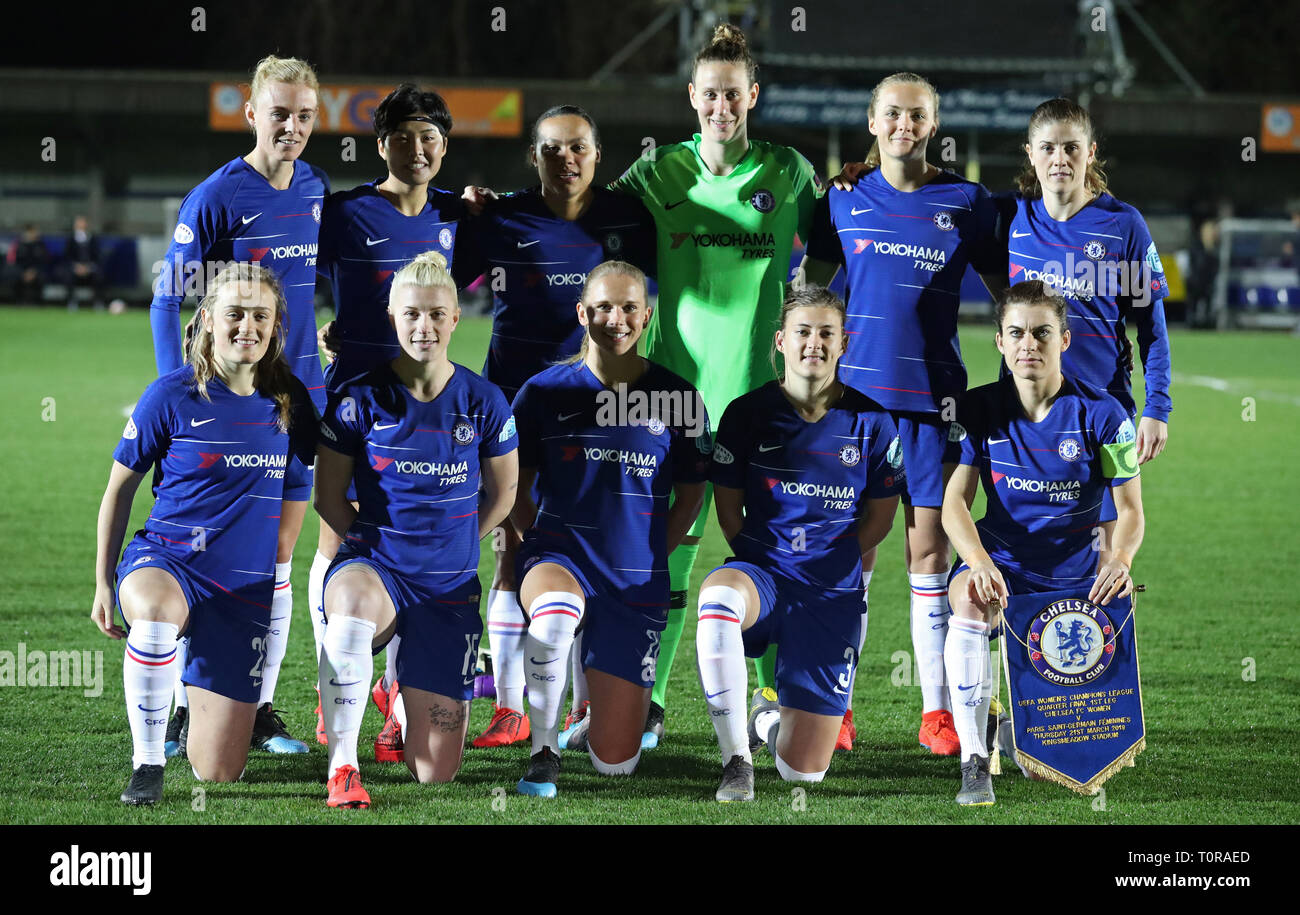 Chelsea Women line up before the UEFA Women's Champions League quarter final first leg match at the Cherry Red Records Stadium, London. Stock Photo