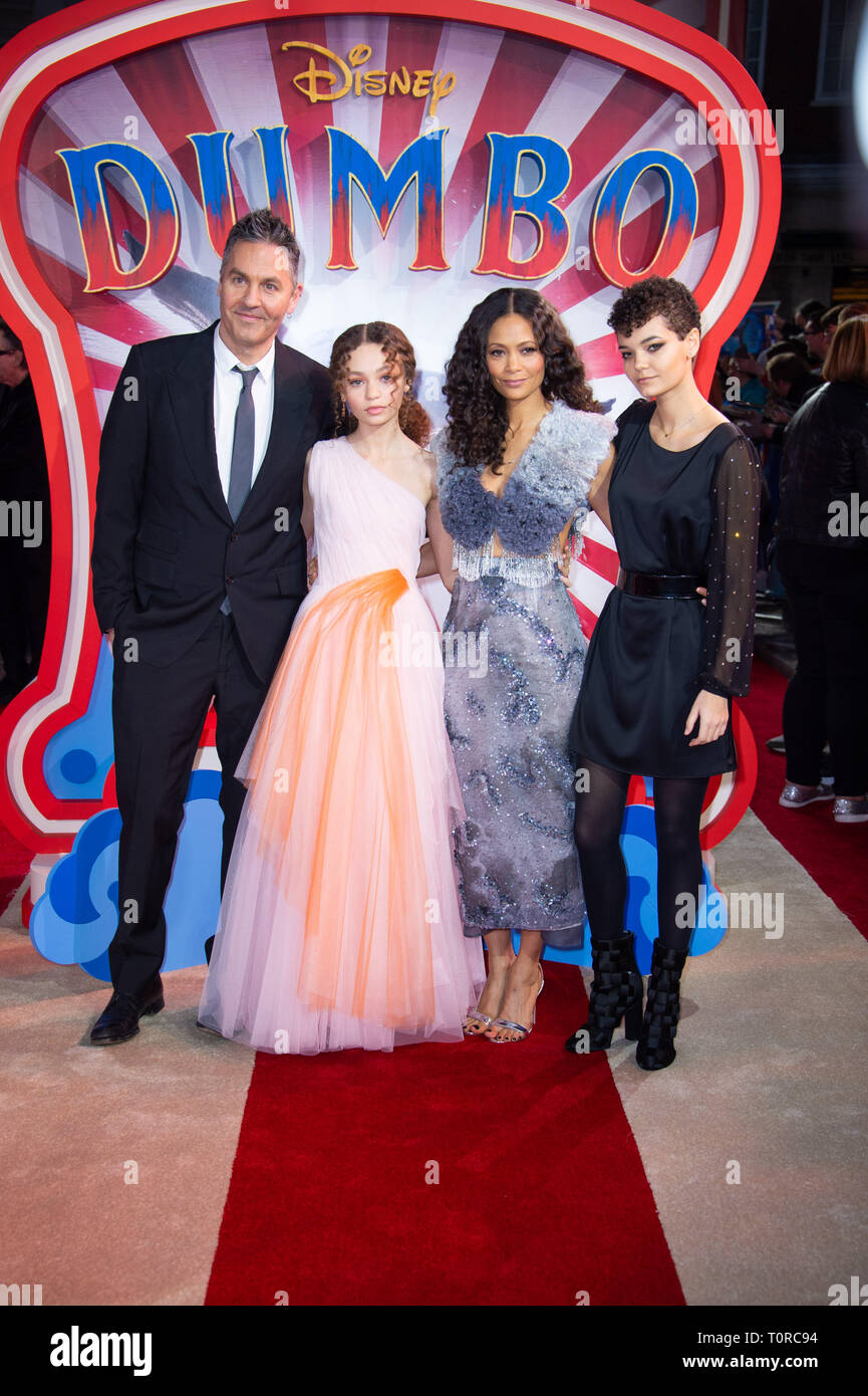 (left to right) Ol Parker, Nico Parker, Thandie Newton attending the European premiere of Dumbo held at Curzon Mayfair, London. Stock Photo