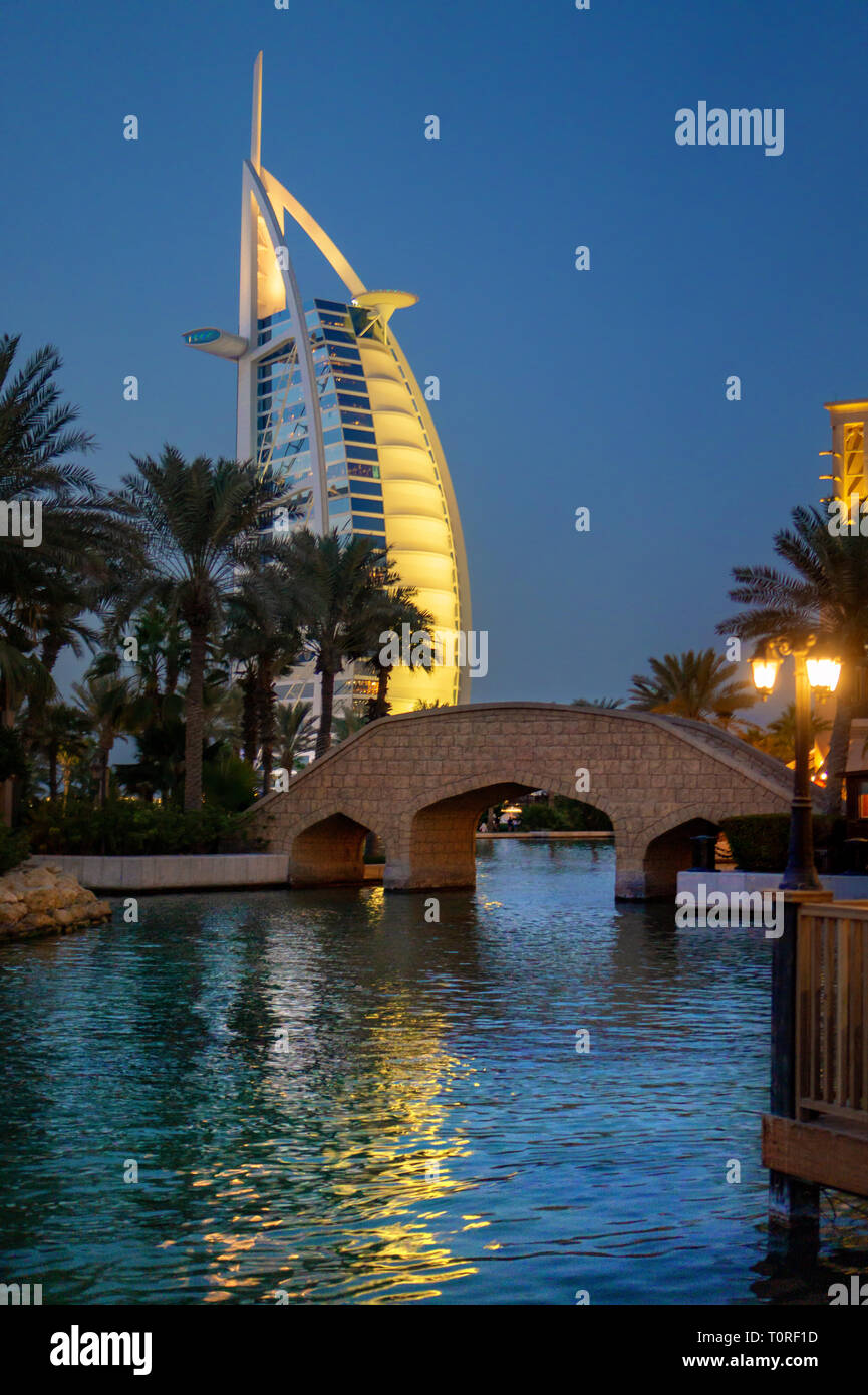 Dubai,UAE / 11. 03. 2018 : burj al arab in souk madinat jumeirah background with bridge vertical Stock Photo