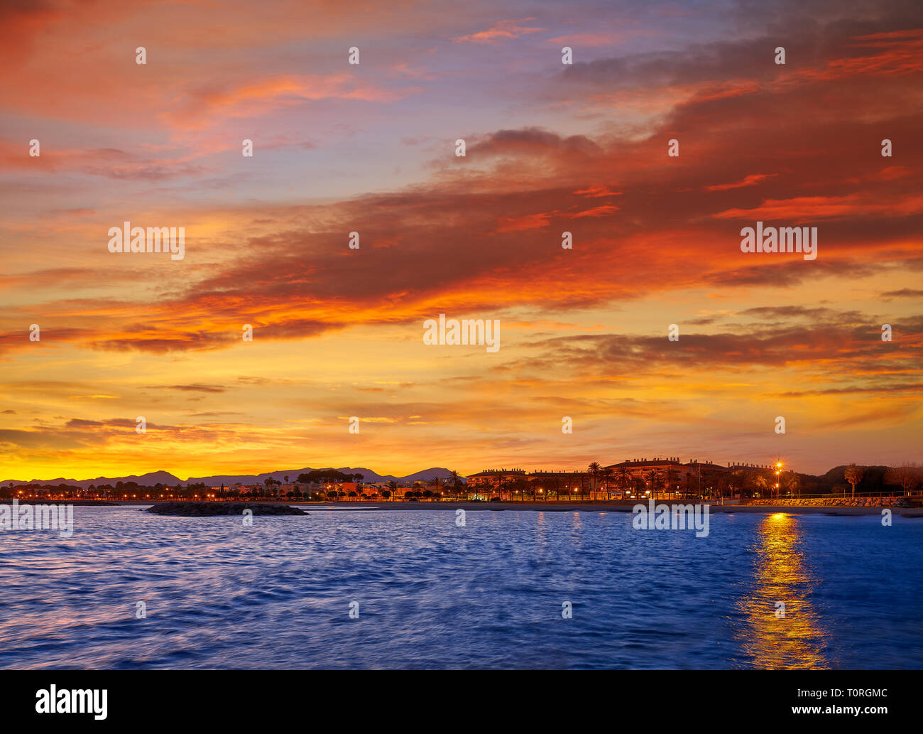 Cambrils beach sunset in Tarragona at Costa Daurada of Catalonia Stock ...