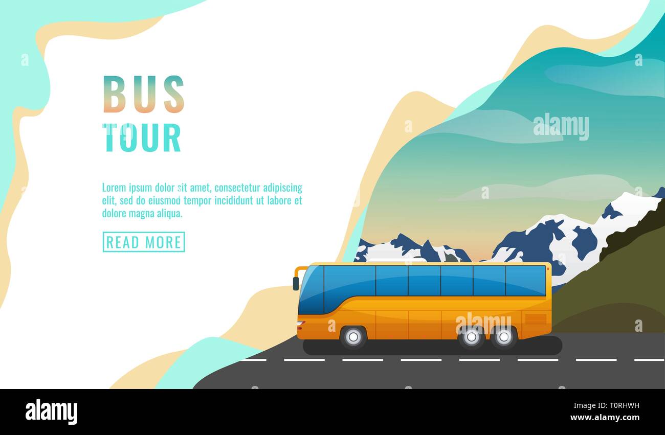 Landing page design, banner with bus tour, tourism concept, yellow bus on road, beautiful sky and mountains, vector Stock Vector