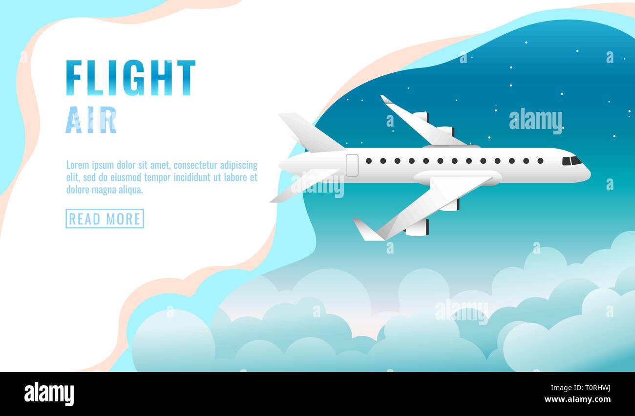 Landing page design, banner with flying airliner in sky with clouds, passenger aircraft, plane, tourism concept, vector Stock Vector
