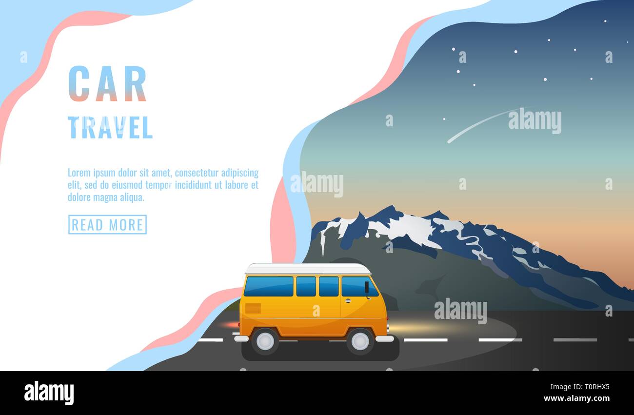 Landing page design, banner with car travel, tourism concept, yellow car on road, beautiful sky with stars, summer holiday, vector Stock Vector