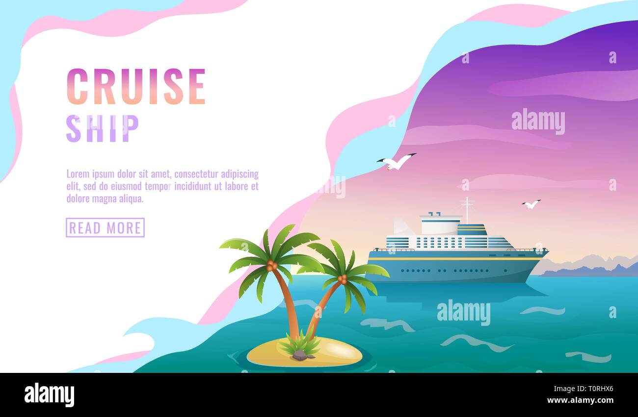 Landing page design, banner with liner, cruise ship in water, ocean, island with palm trees, blue sky with gull, tourism concept, vector Stock Vector
