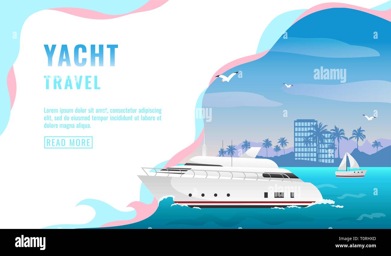 Landing page design, banner with luxury yacht travel concept, tourism, white beautiful passenger ship, coastline with skyscrapers and palm trees Stock Vector