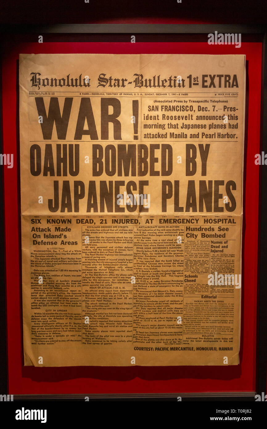 The Honolulu Star-Bulletin on 7th December 1941 following the Japanese attack on Pearl Harbour, Mémorial de Caen (Caen Memorial), Normandy, France. Stock Photo