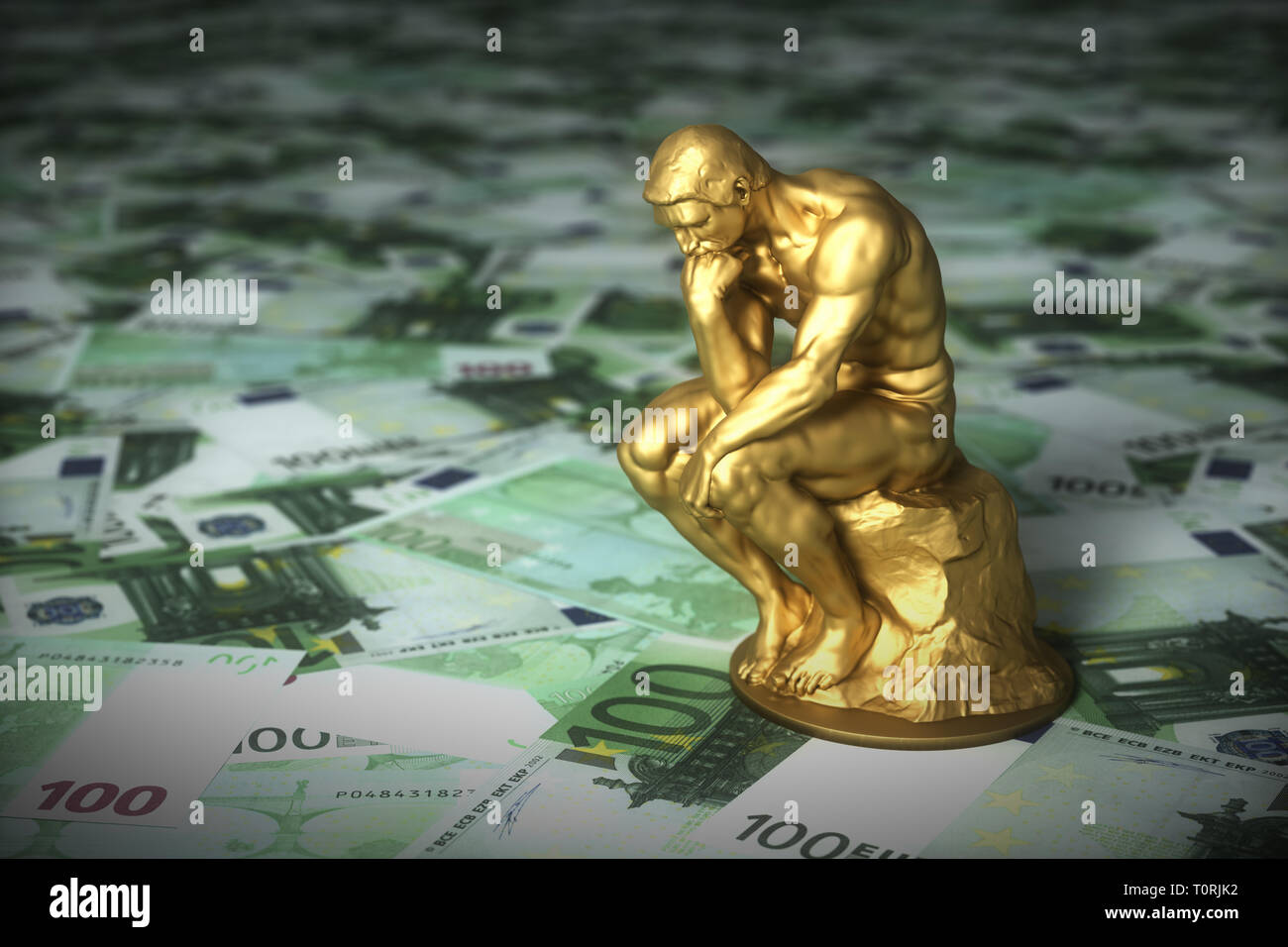 Golden Sculpture Of A Thinker Who Thinks Over Euro Banknotes. 3D Illustration. Stock Photo