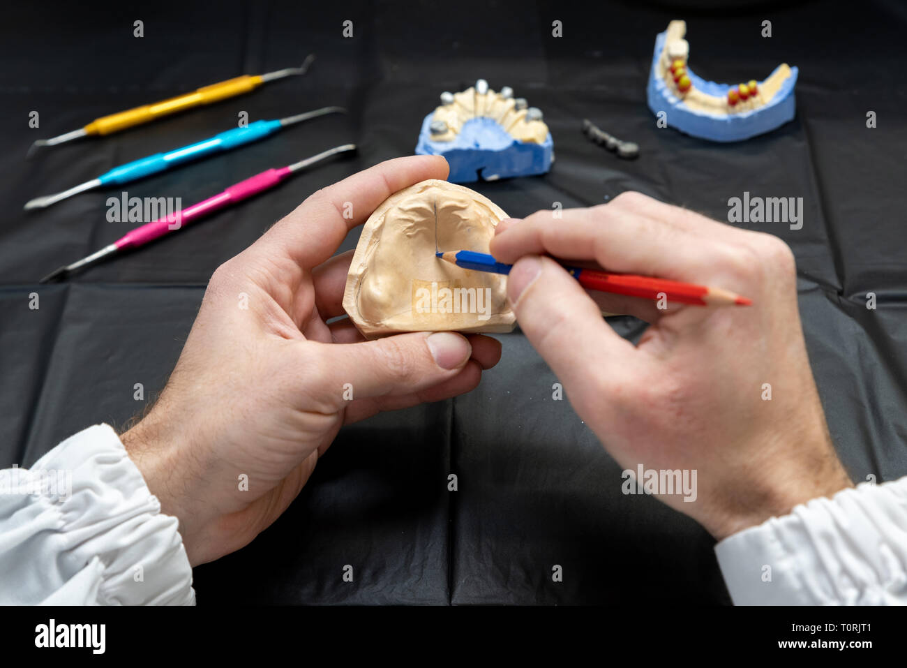 Dental technician or dentist working with tooth dentures in his