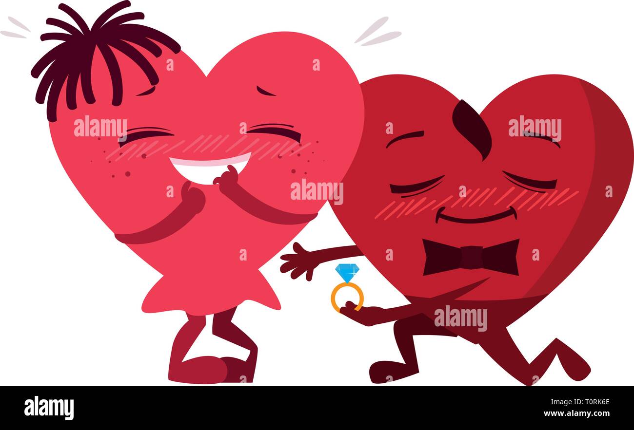 couple hearts with engagement ring kawaii characters vector