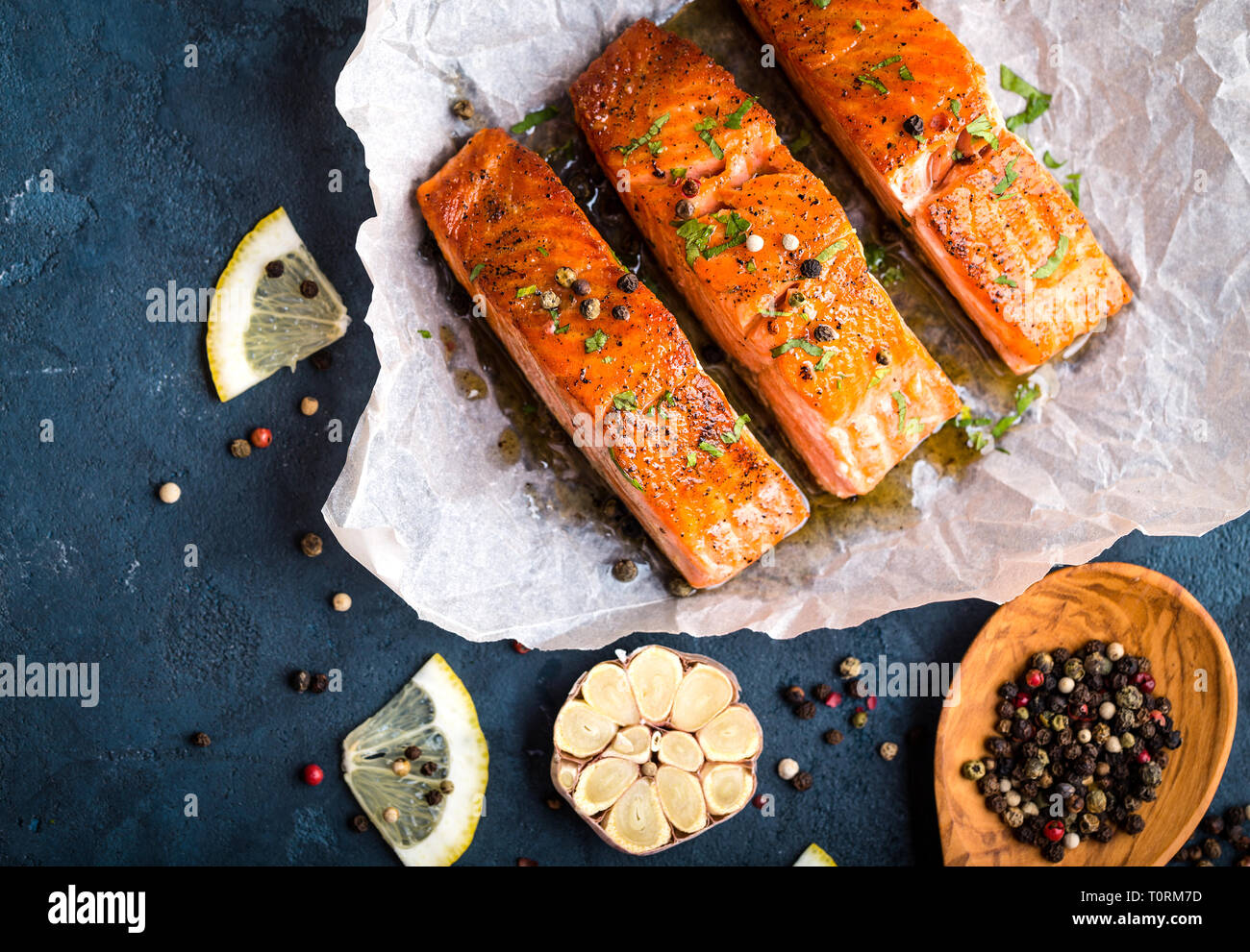 Delicious fried salmon fillet Stock Photo - Alamy