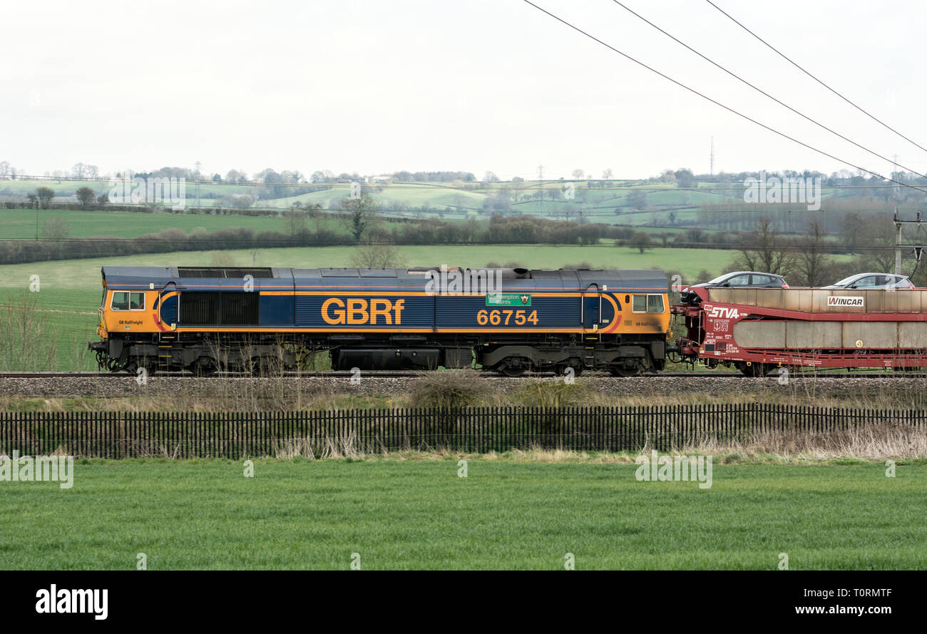 GBRf Class 66 diesel No. 66754 "Northampton Saints" pulling
