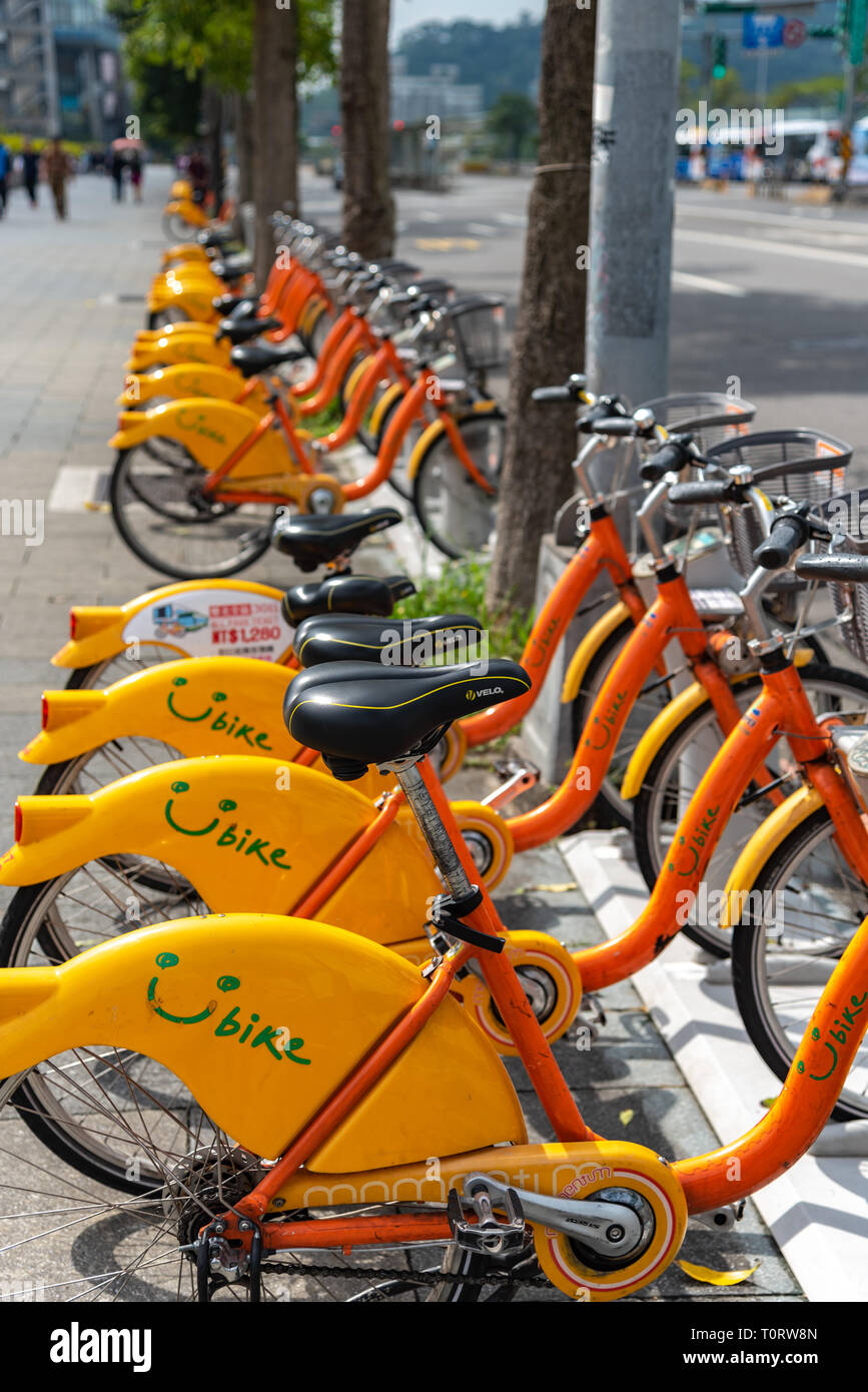 Ubike ( YouBike ) station. Ubike is a popular network of rental bicycle in Taipei. A bike sharing system service used by citizens as short-distance tr Stock Photo