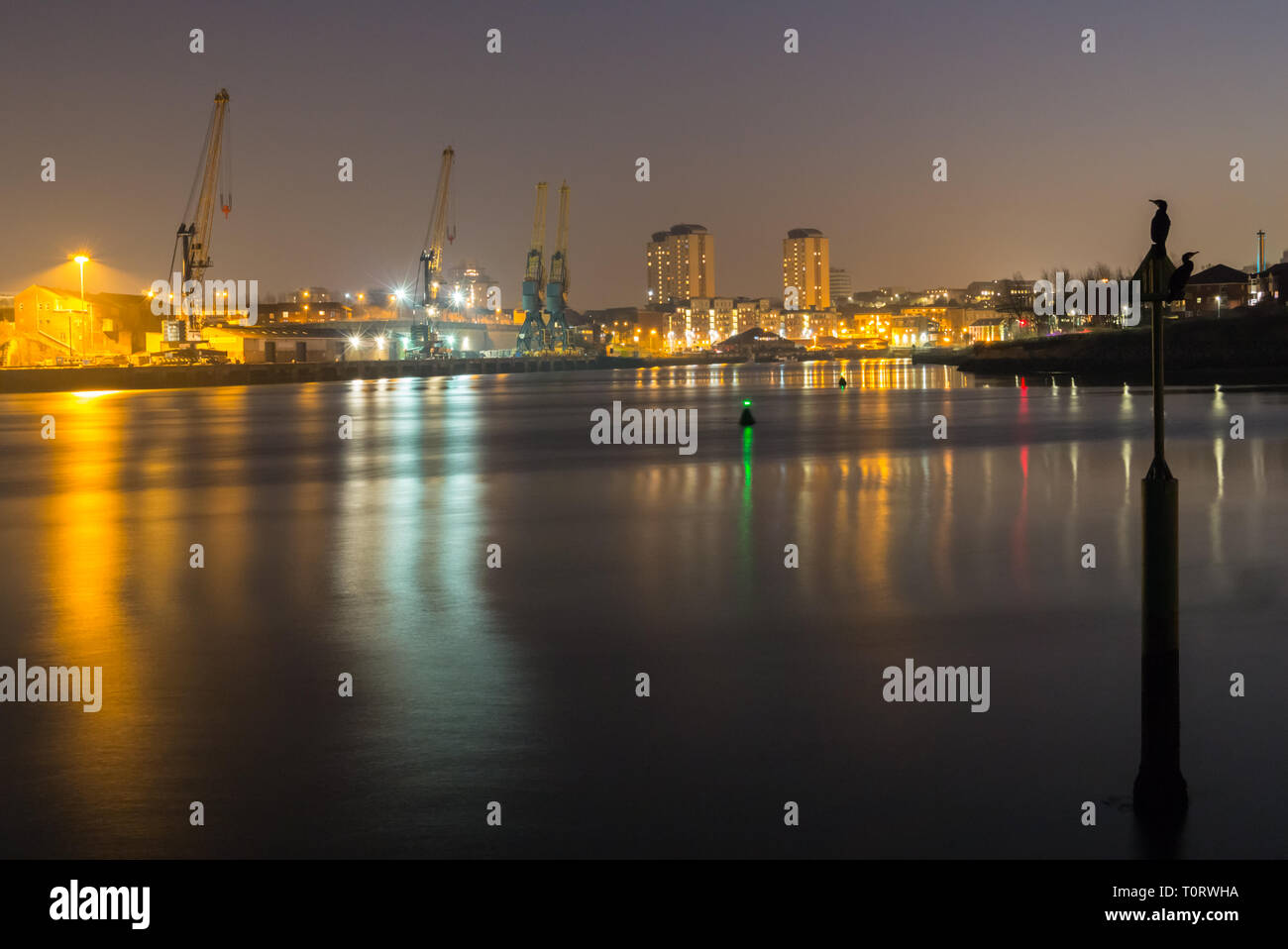 A Nighttime Riverscape of the River Wear, Sunderland Stock Photo