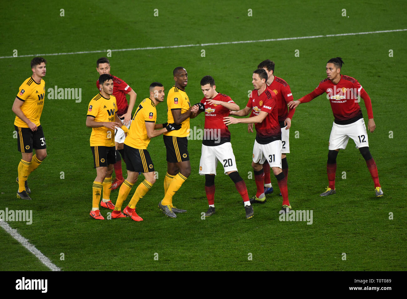 Football action Wolverhampton Wanderers v Manchester United 2019 Stock Photo