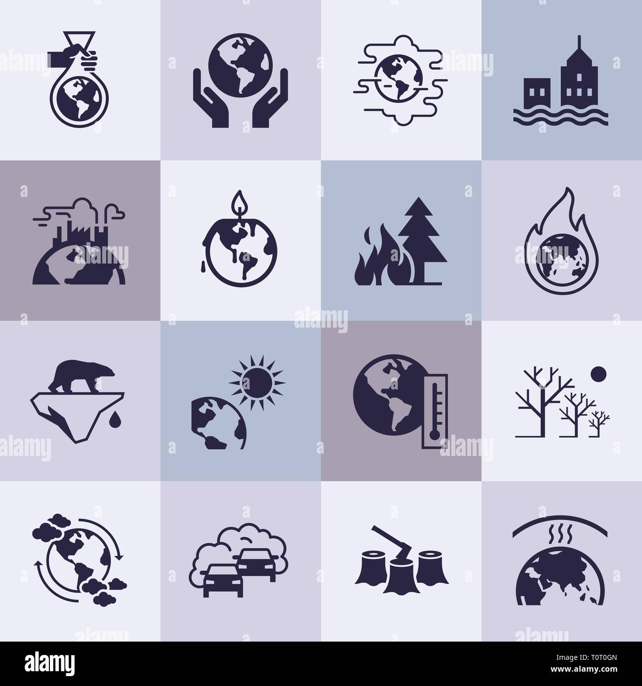 Set of vector icons on the theme of ecology, global warming and ecology problems of our planet as a whole. Stock Vector
