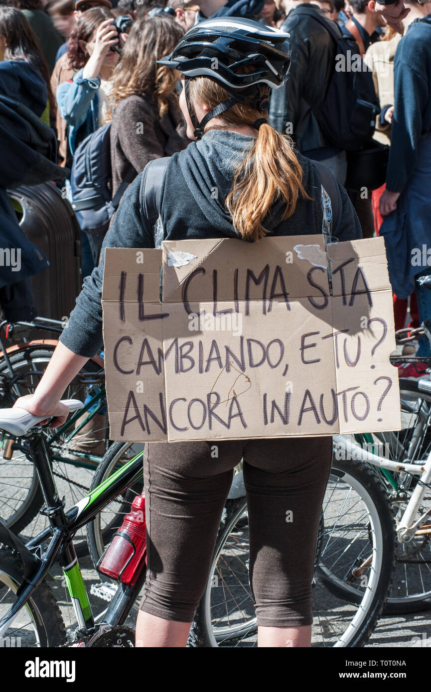 Florence, Italy - 2019, March 15: People crowds the city streets during the Global Climate Strike For Future Event. Stock Photo