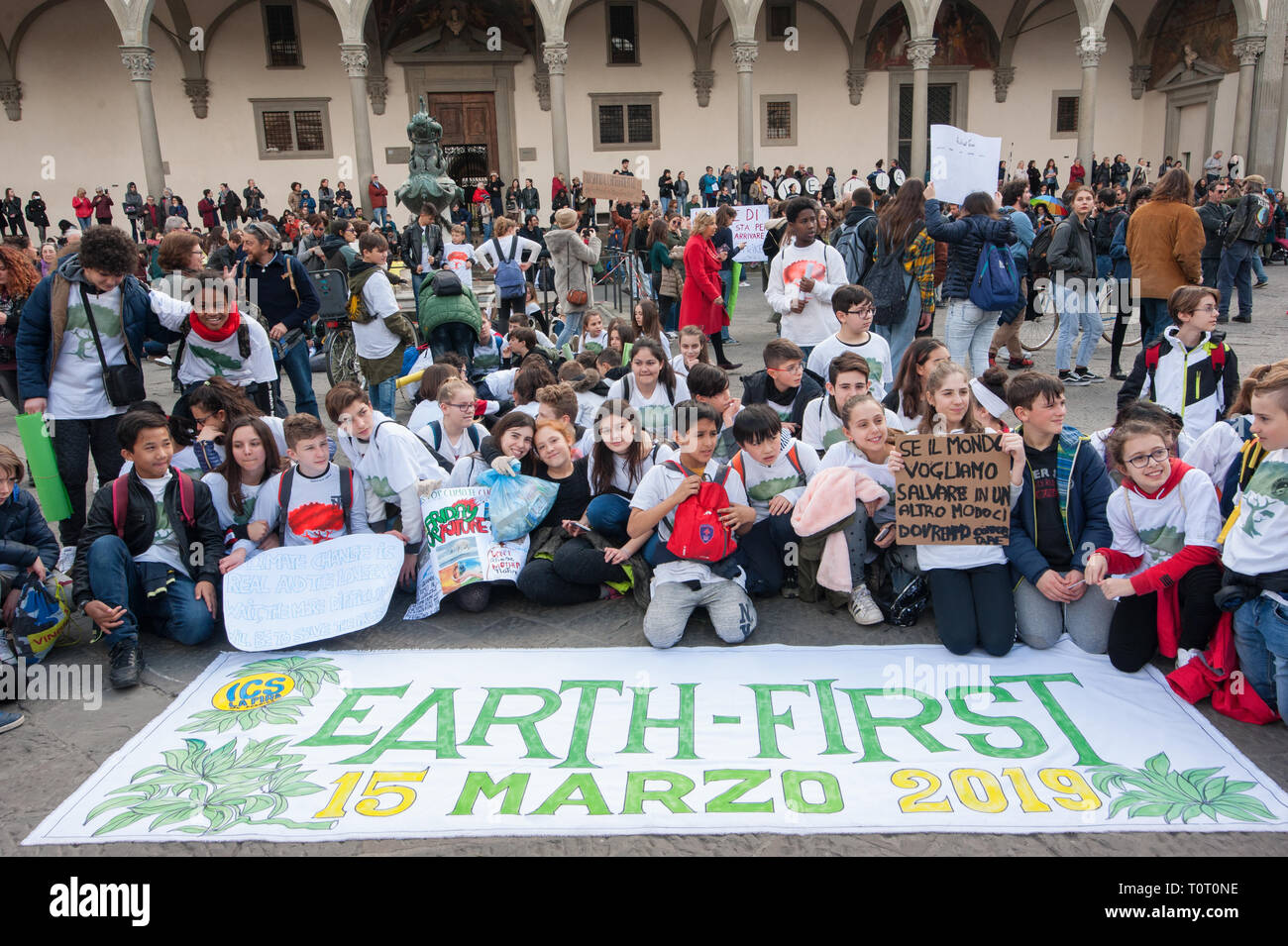 Florence, Italy - 2019, March 15: People crowds the city streets during the Global Climate Strike For Future Event. Stock Photo