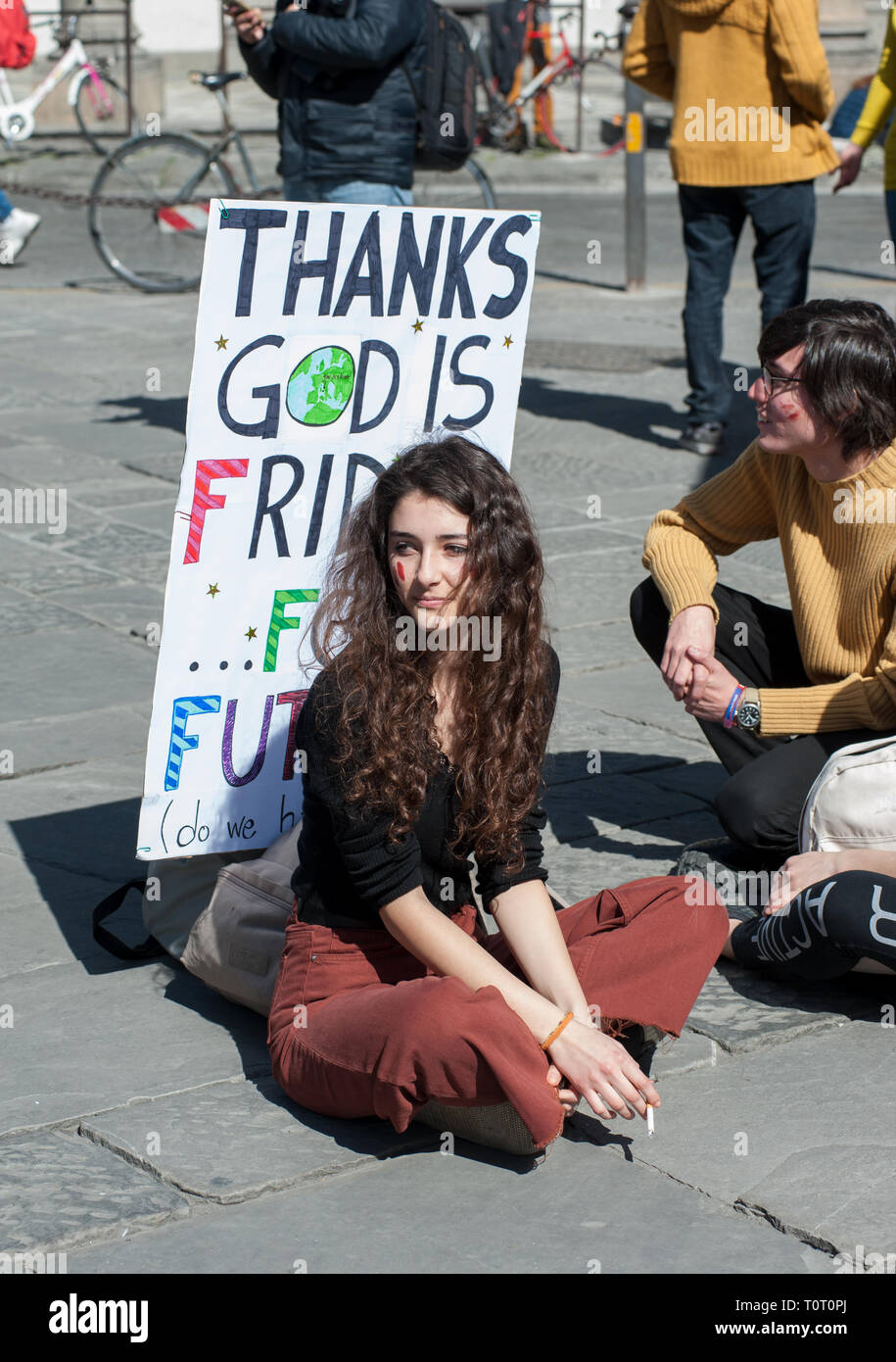 Florence, Italy - 2019, March 15: People crowds the city streets during the Global Climate Strike For Future Event. Stock Photo