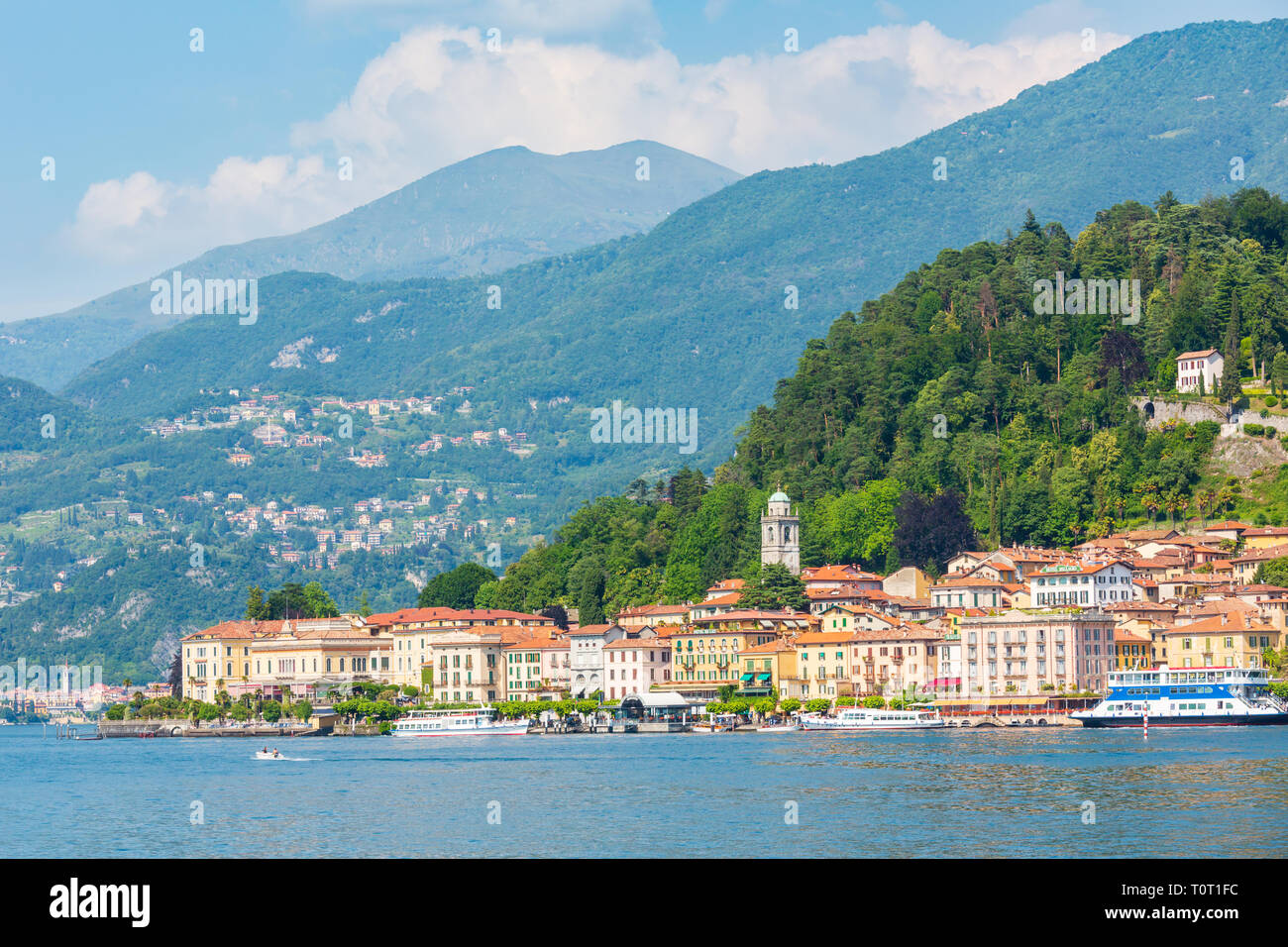 Lake Como, Italy - June 15, 2012: Summer lake shore view from ship board. Bellagio. Stock Photo