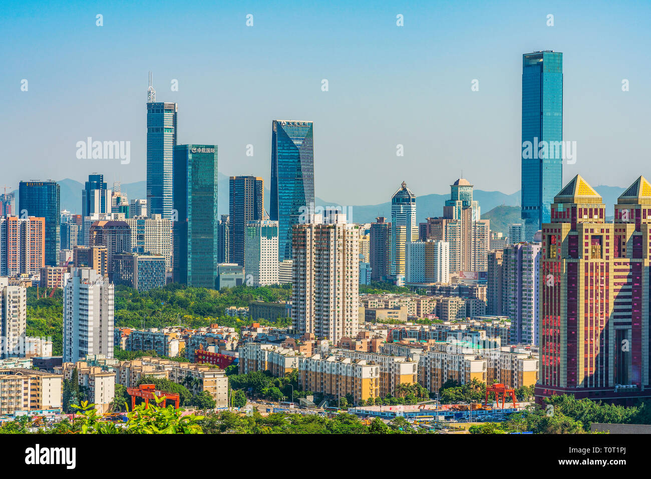 SHENZHEN, CHINA - OCTOBER 28: View of modern city buildings in the downtown area taken from Lianhuashan park on October 28, 2018 in Shenzhen Stock Photo