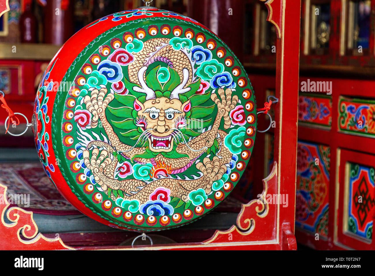 Drum in Dazhao Lamaist Buddhist temple in Hohhot, capital of Inner Mongolia. The main hall is a lamasery combining both Tibetan and Han architecture. Stock Photo