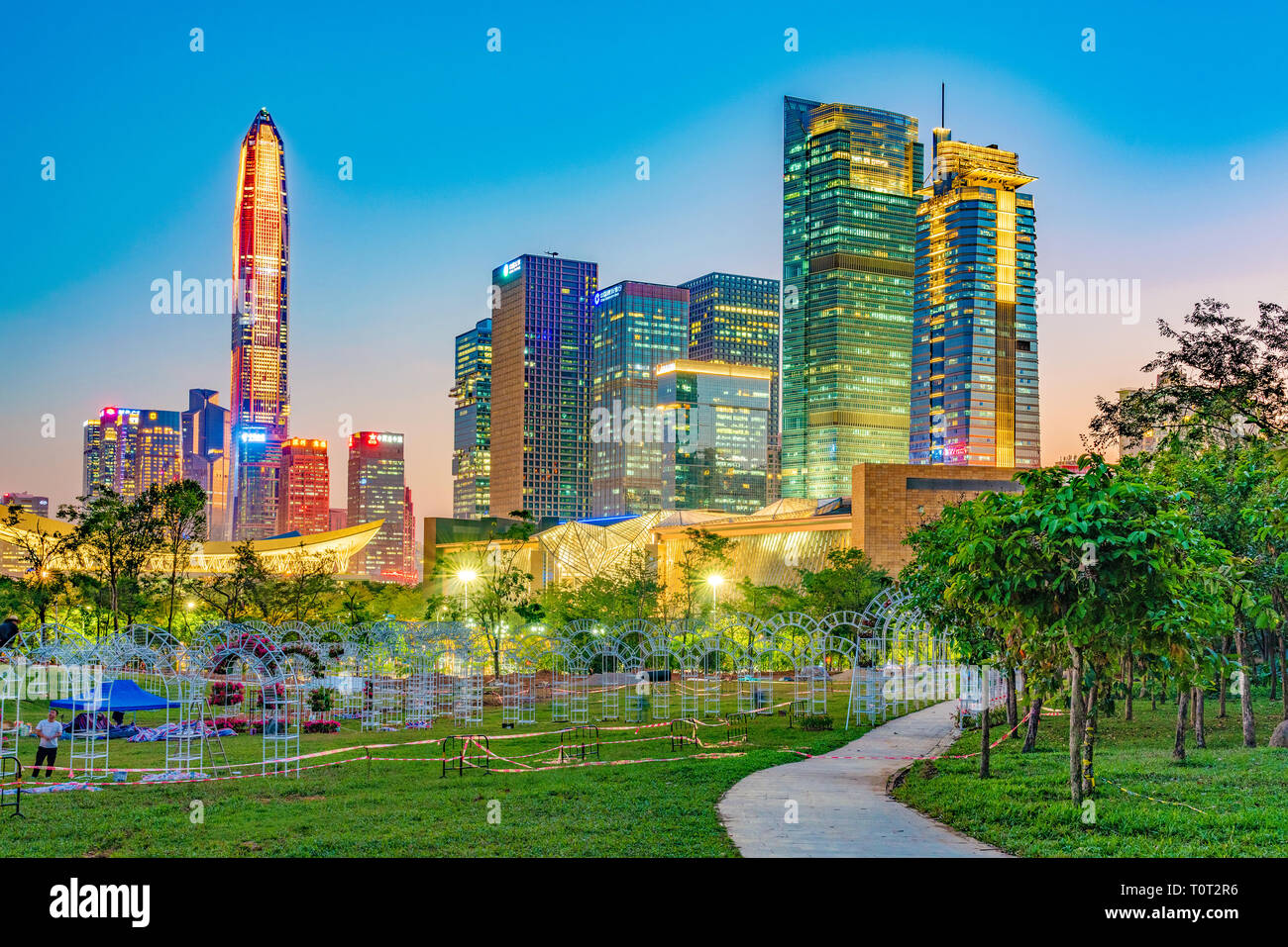 SHENZHEN, CHINA - OCTOBER 29: This is an evening view of modern city buildings in the downtown financial district, taken from Lianhuashan Park on Octo Stock Photo