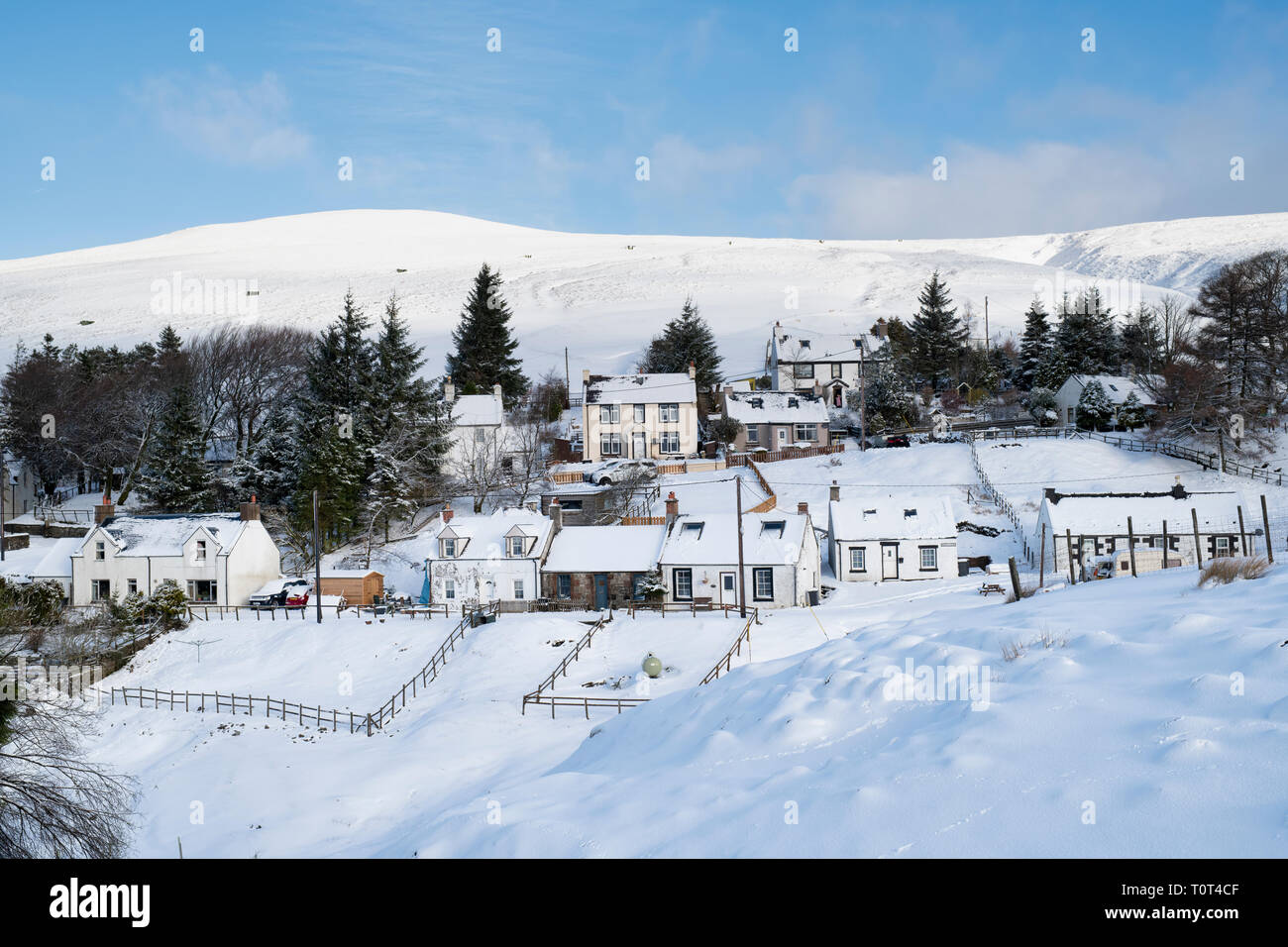 Wanlockhead village in the morning snow. Scotlands highest village. Dumfries and Galloway, Scottish borders, Scotland Stock Photo
