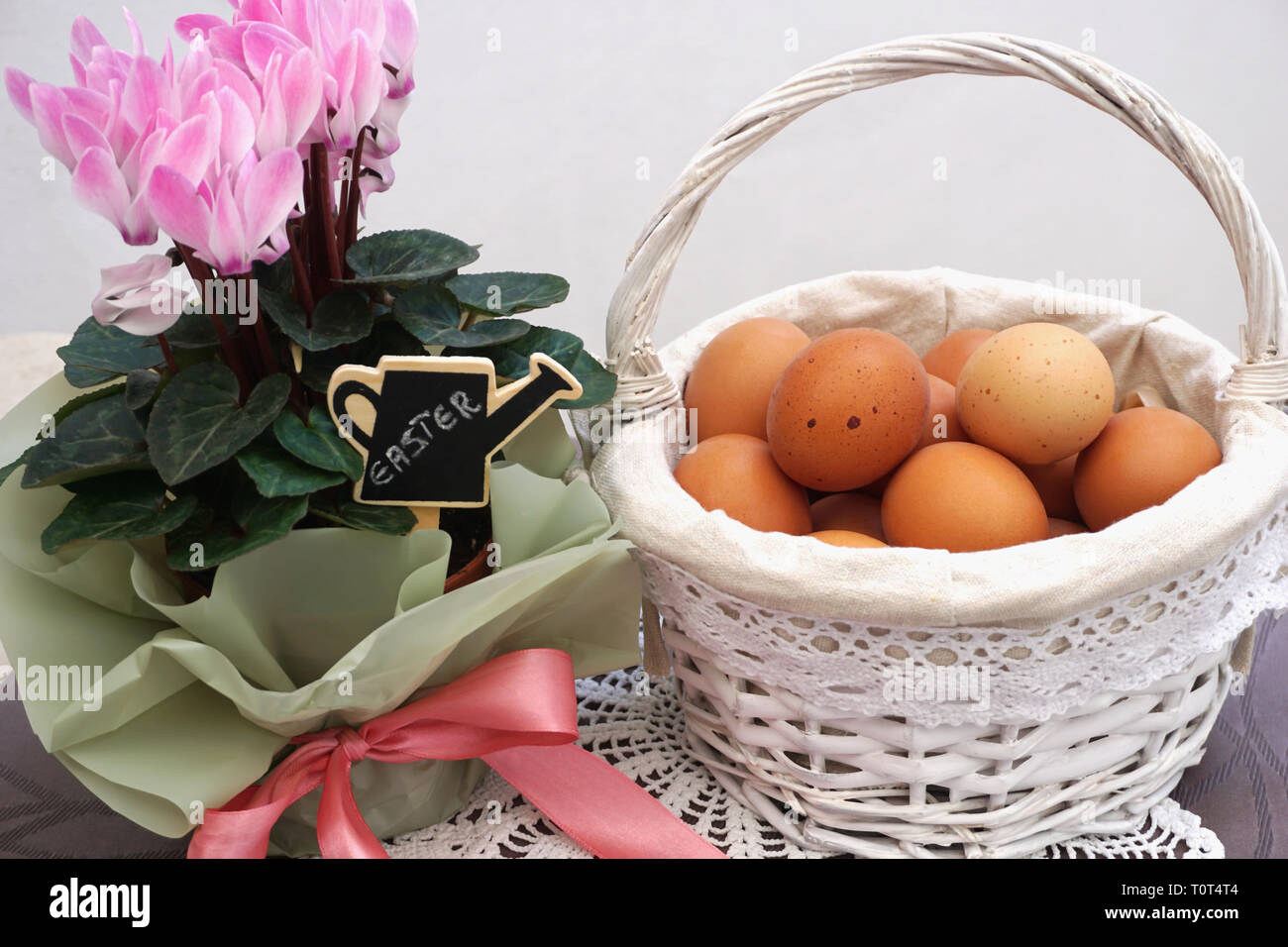 Easter decoration with white wicker basket full of natural organic fresh chicken eggs and pink cyclamen decorated with pinky bow Stock Photo
