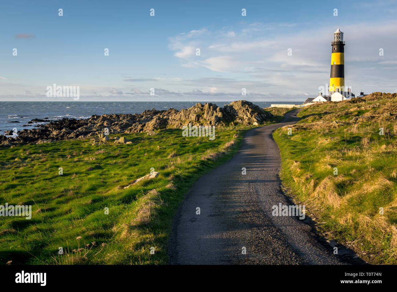 This is a picture of St John's Point Lighthouse  on the east coast of Northern Ireland on the Irish Sea.  It is one of Irelands many iconic coastal li Stock Photo